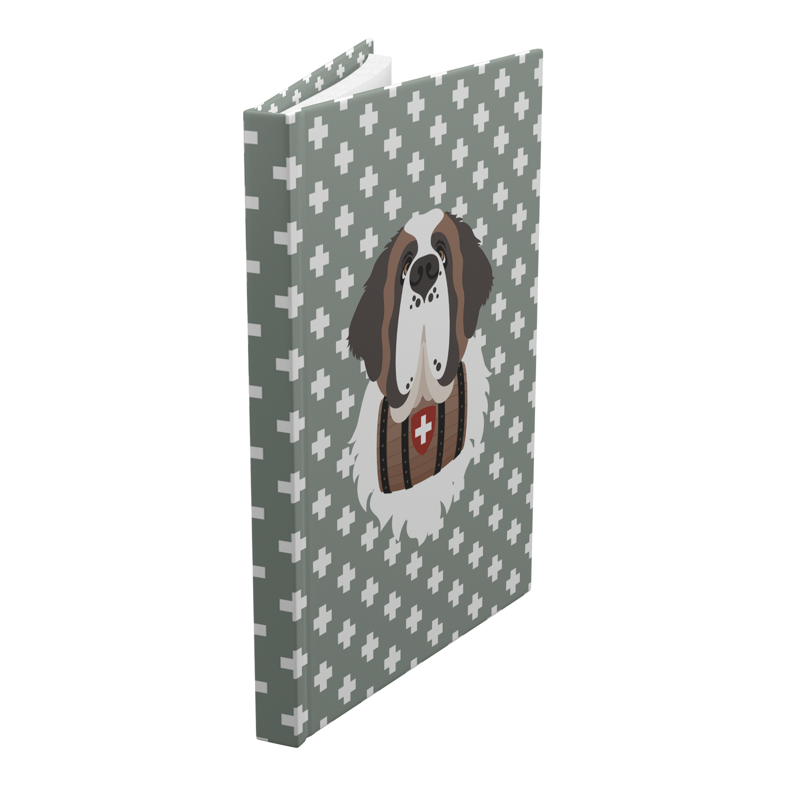 Swiss Cross Green Saint Bernard hardcover lined journal with a soft green cover featuring a Saint Bernard and rescue barrel among white Swiss crosses.
