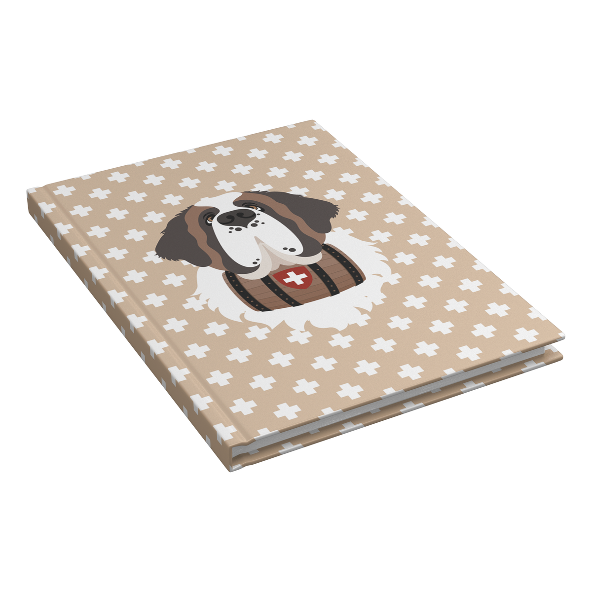 Swiss Cross Gold Saint Bernard hardcover lined journal with a warm gold cover featuring a Saint Bernard and rescue barrel among white Swiss crosses.