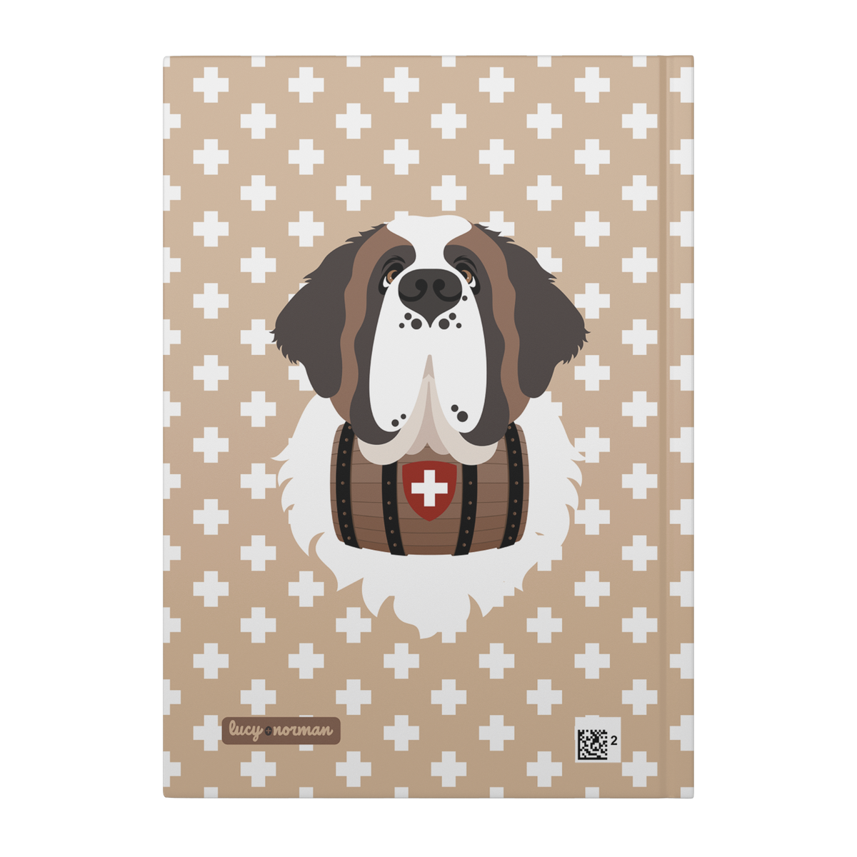 Swiss Cross Gold Saint Bernard hardcover lined journal with a warm gold cover featuring a Saint Bernard and rescue barrel among white Swiss crosses.