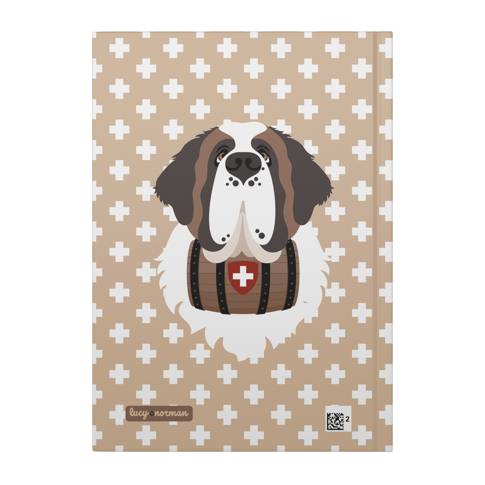Swiss Cross Gold Saint Bernard hardcover lined journal with a warm gold cover featuring a Saint Bernard and rescue barrel among white Swiss crosses.