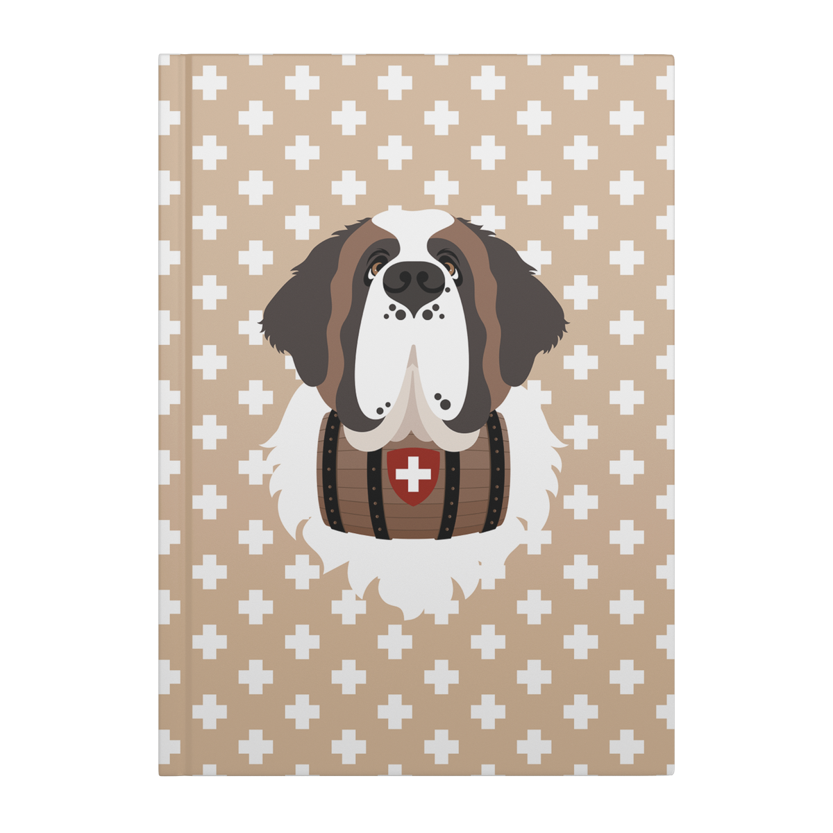 Swiss Cross Gold Saint Bernard hardcover lined journal with a warm gold cover featuring a Saint Bernard and rescue barrel among white Swiss crosses.