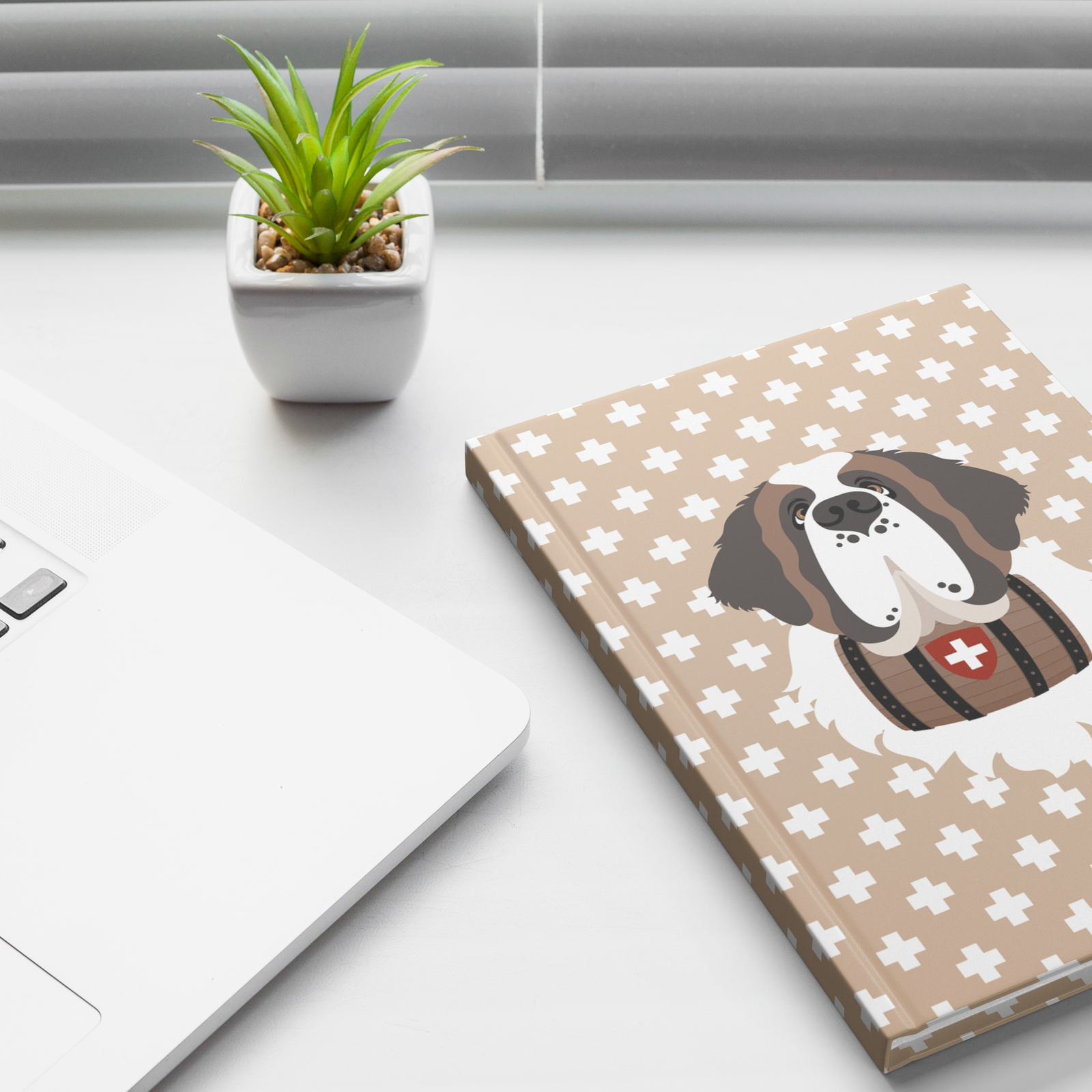 Swiss Cross Gold Saint Bernard hardcover lined journal with a warm gold cover featuring a Saint Bernard and rescue barrel among white Swiss crosses.