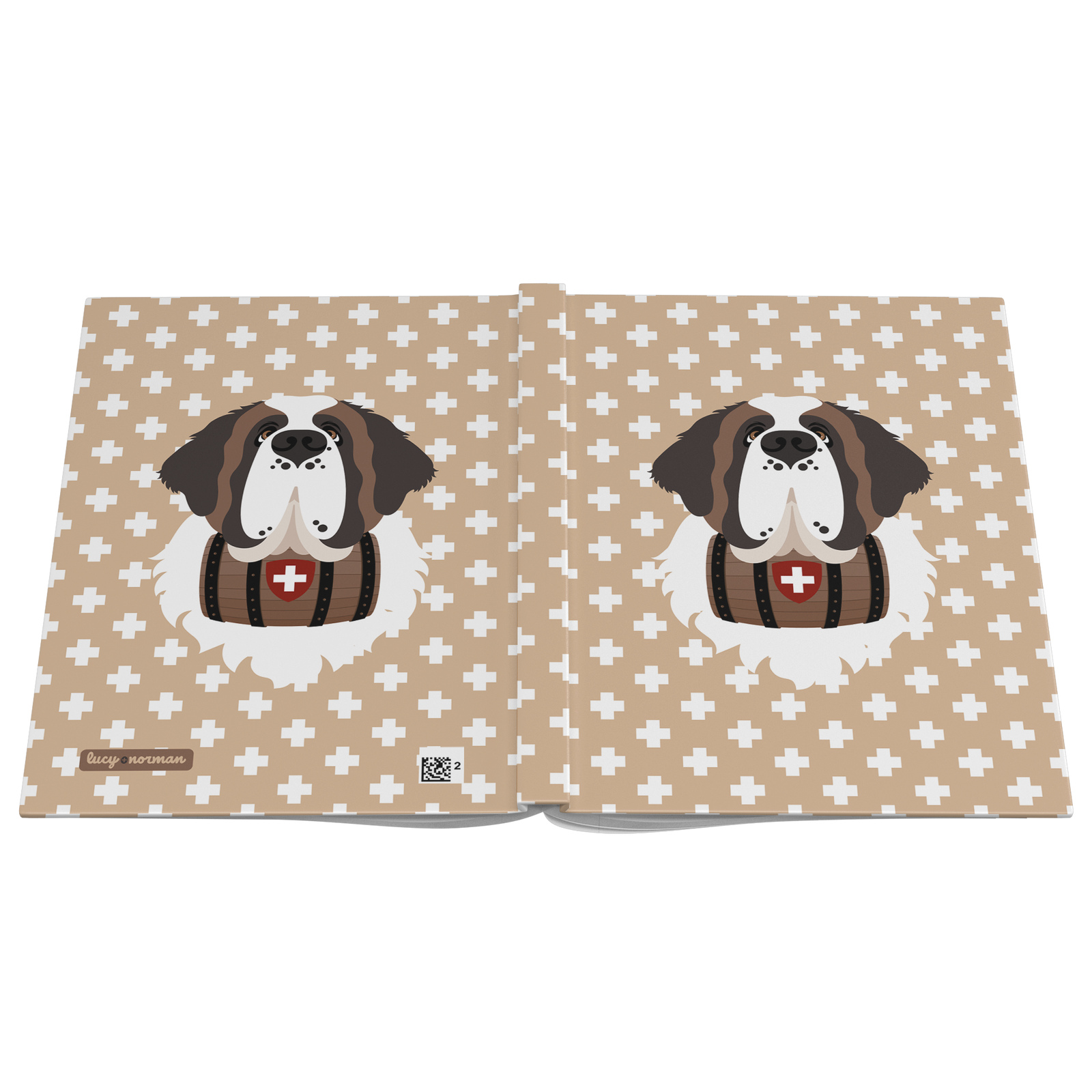 Swiss Cross Gold Saint Bernard hardcover lined journal with a warm gold cover featuring a Saint Bernard and rescue barrel among white Swiss crosses.