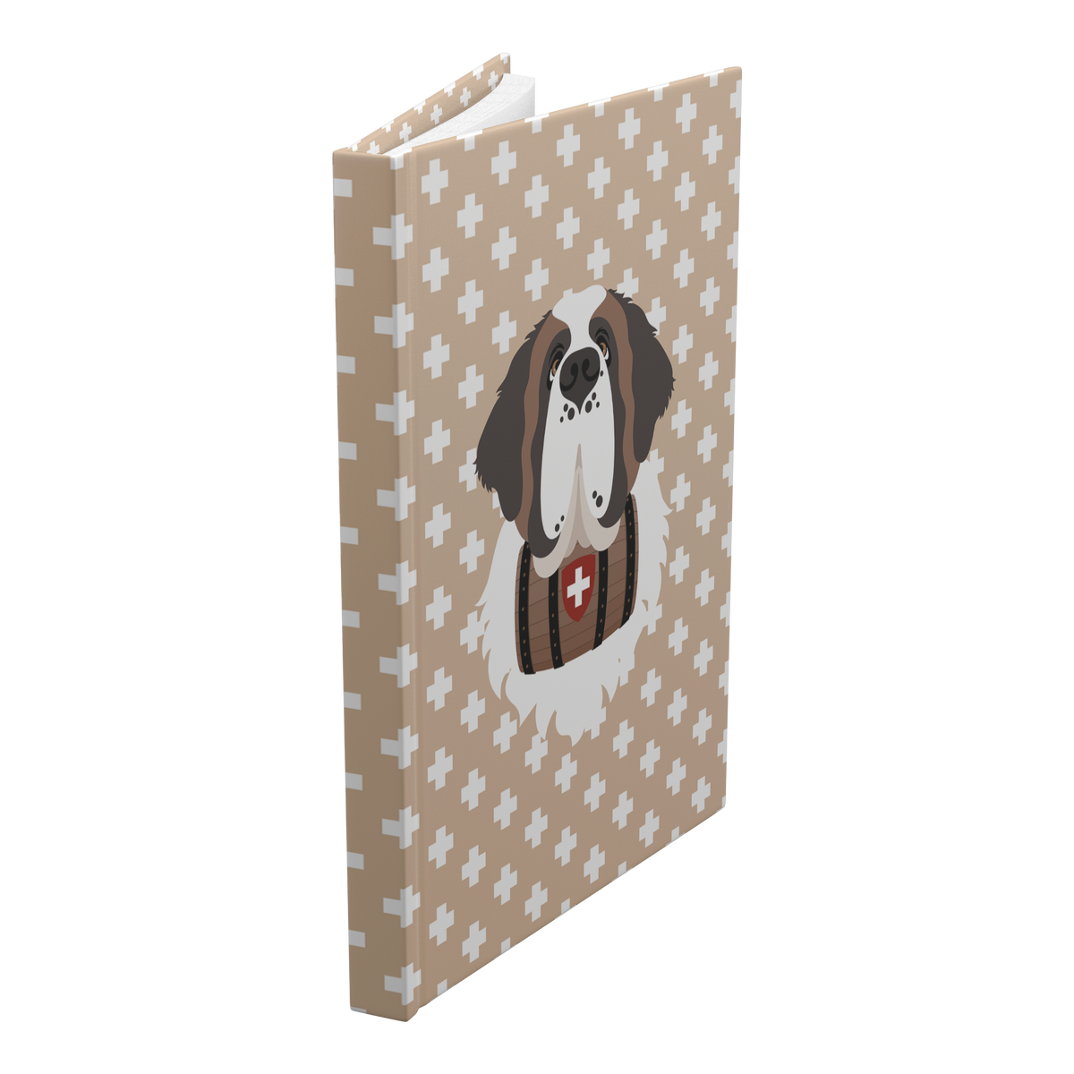 Swiss Cross Gold Saint Bernard hardcover lined journal with a warm gold cover featuring a Saint Bernard and rescue barrel among white Swiss crosses.