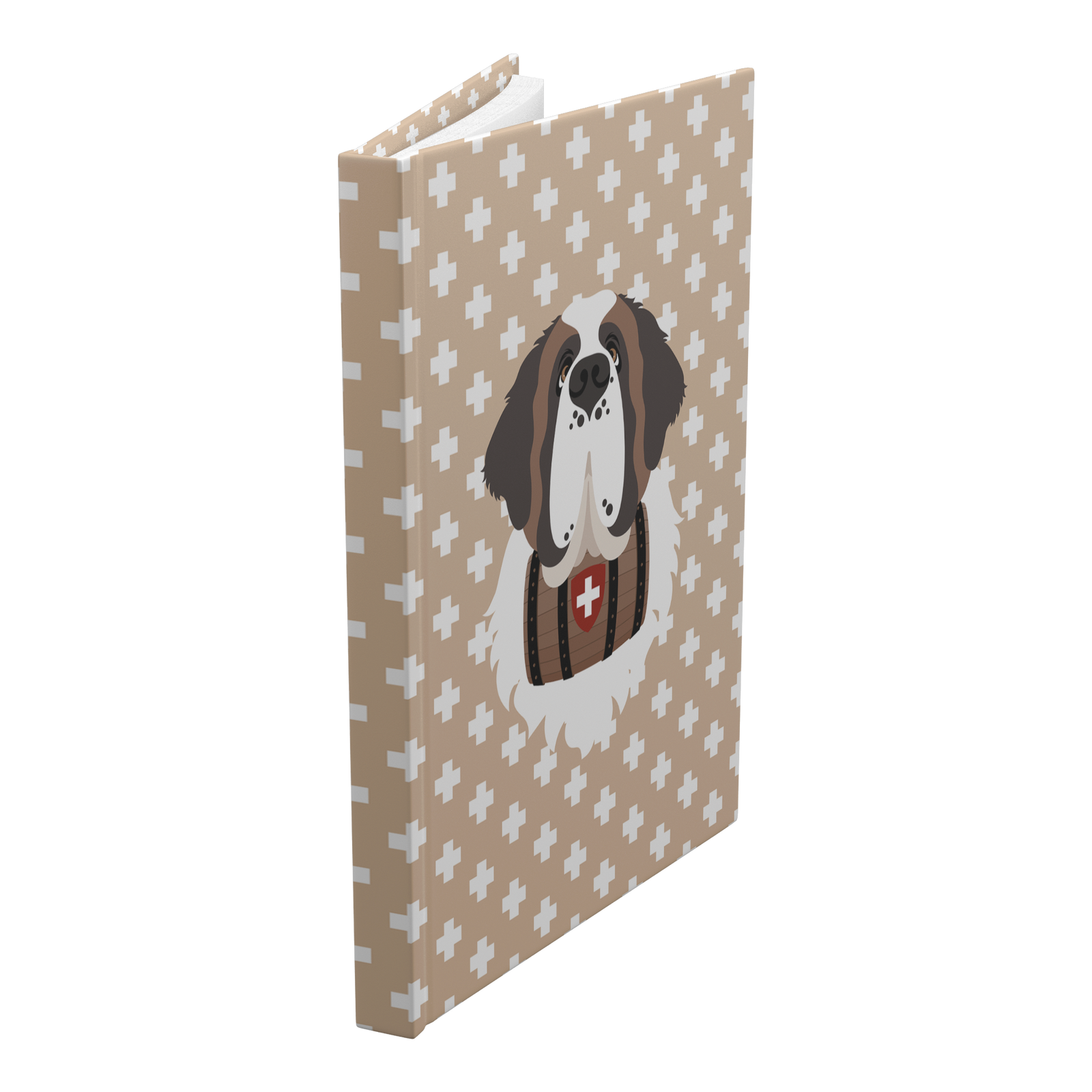 Swiss Cross Gold Saint Bernard hardcover lined journal with a warm gold cover featuring a Saint Bernard and rescue barrel among white Swiss crosses.