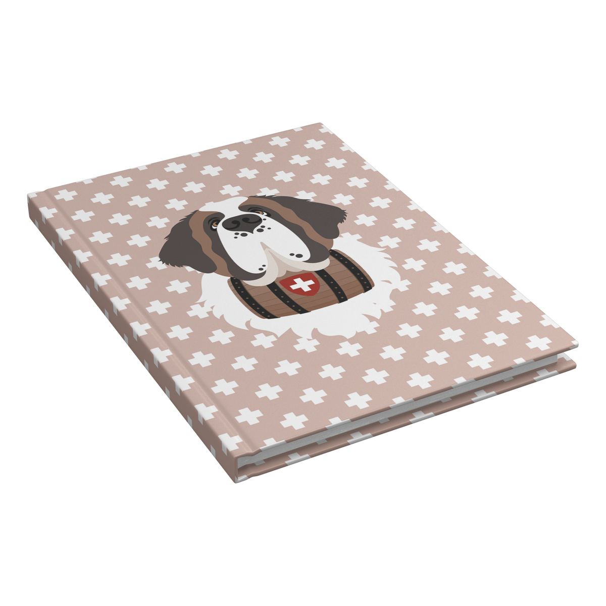 Swiss Cross Pink Saint Bernard hardcover lined journal with a soft pink cover featuring a Saint Bernard and rescue barrel among white Swiss crosses.