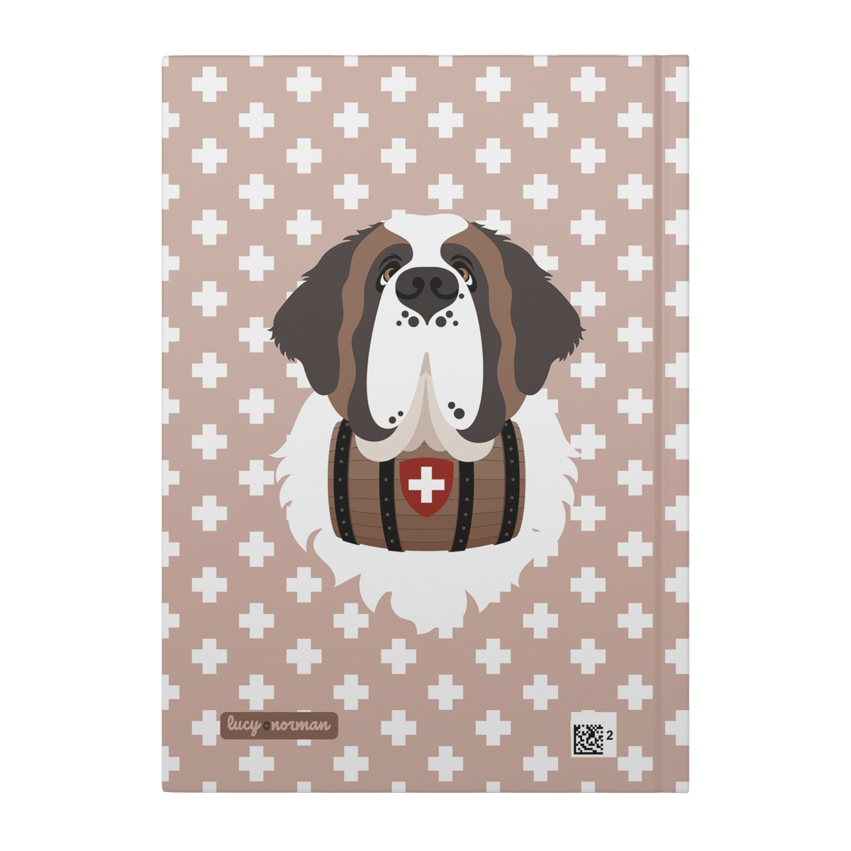Swiss Cross Pink Saint Bernard hardcover lined journal with a soft pink cover featuring a Saint Bernard and rescue barrel among white Swiss crosses.