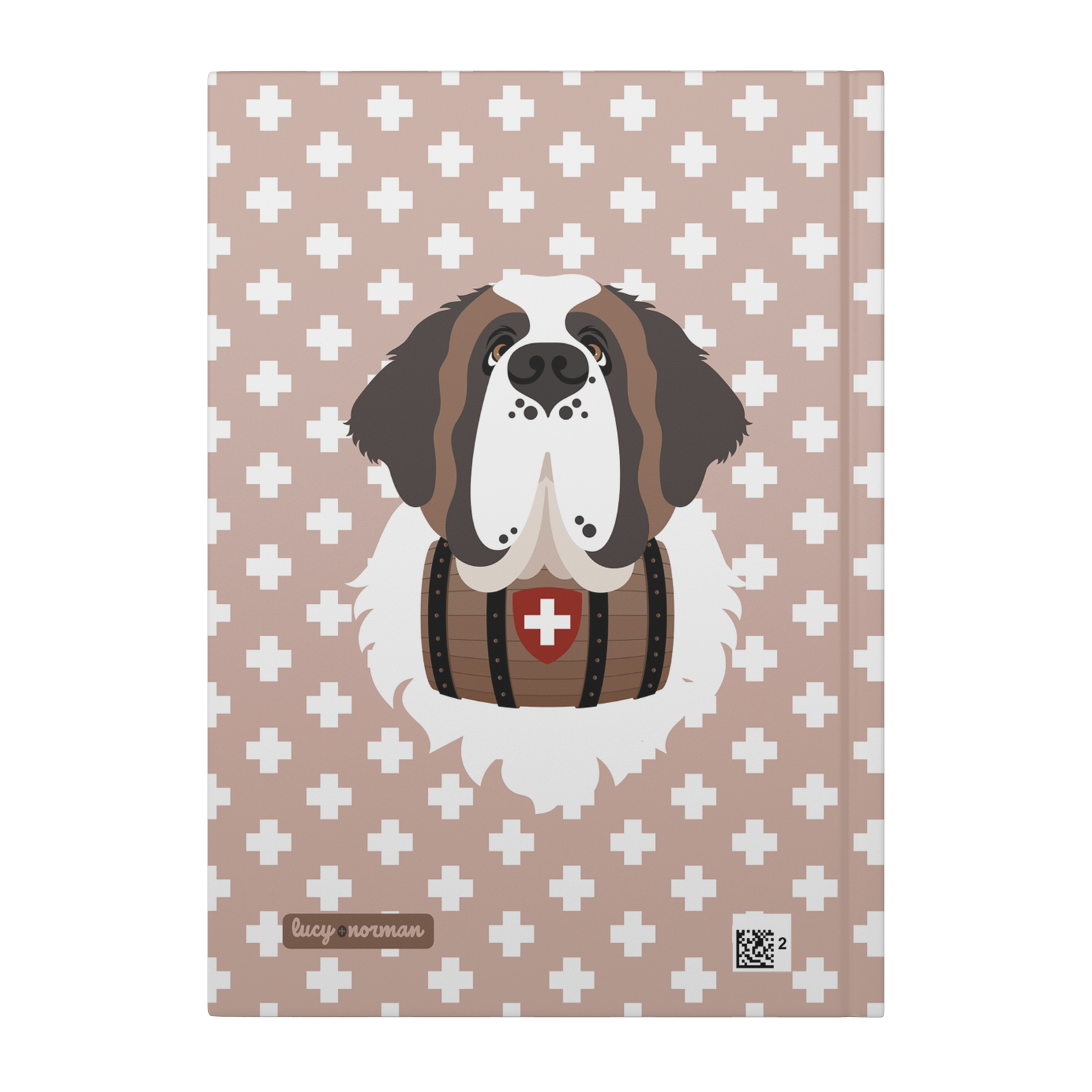 Swiss Cross Pink Saint Bernard hardcover lined journal with a soft pink cover featuring a Saint Bernard and rescue barrel among white Swiss crosses.