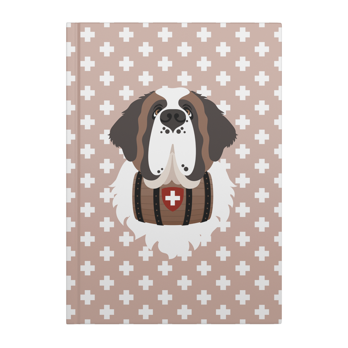 Swiss Cross Pink Saint Bernard hardcover lined journal with a soft pink cover featuring a Saint Bernard and rescue barrel among white Swiss crosses.