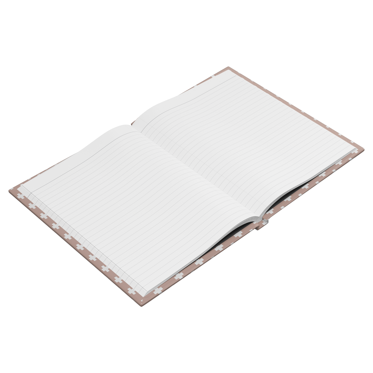 Swiss Cross Pink Saint Bernard hardcover lined journal with a soft pink cover featuring a Saint Bernard and rescue barrel among white Swiss crosses.