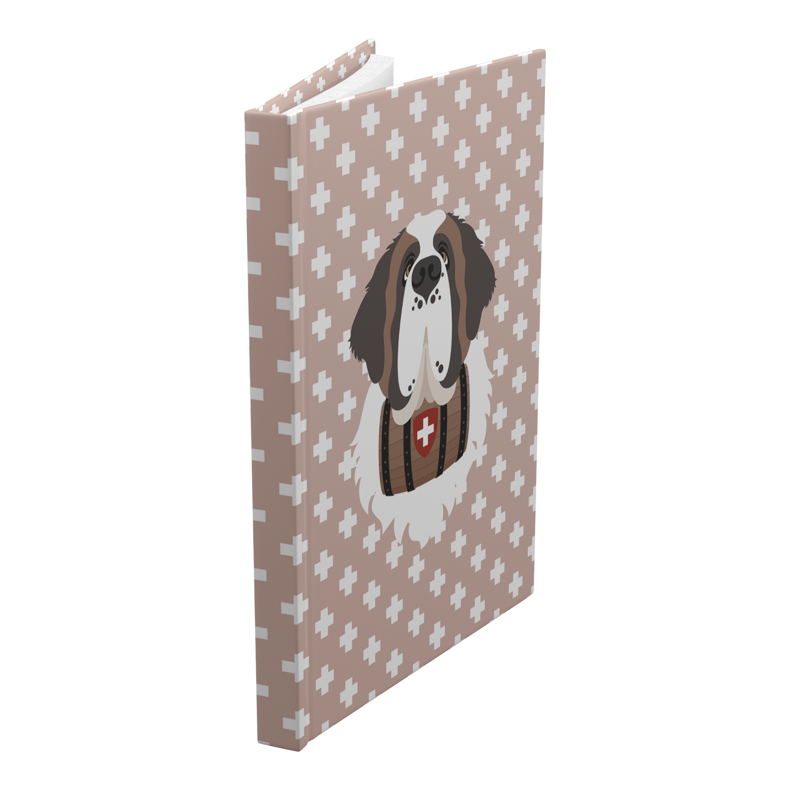 Swiss Cross Pink Saint Bernard hardcover lined journal with a soft pink cover featuring a Saint Bernard and rescue barrel among white Swiss crosses.