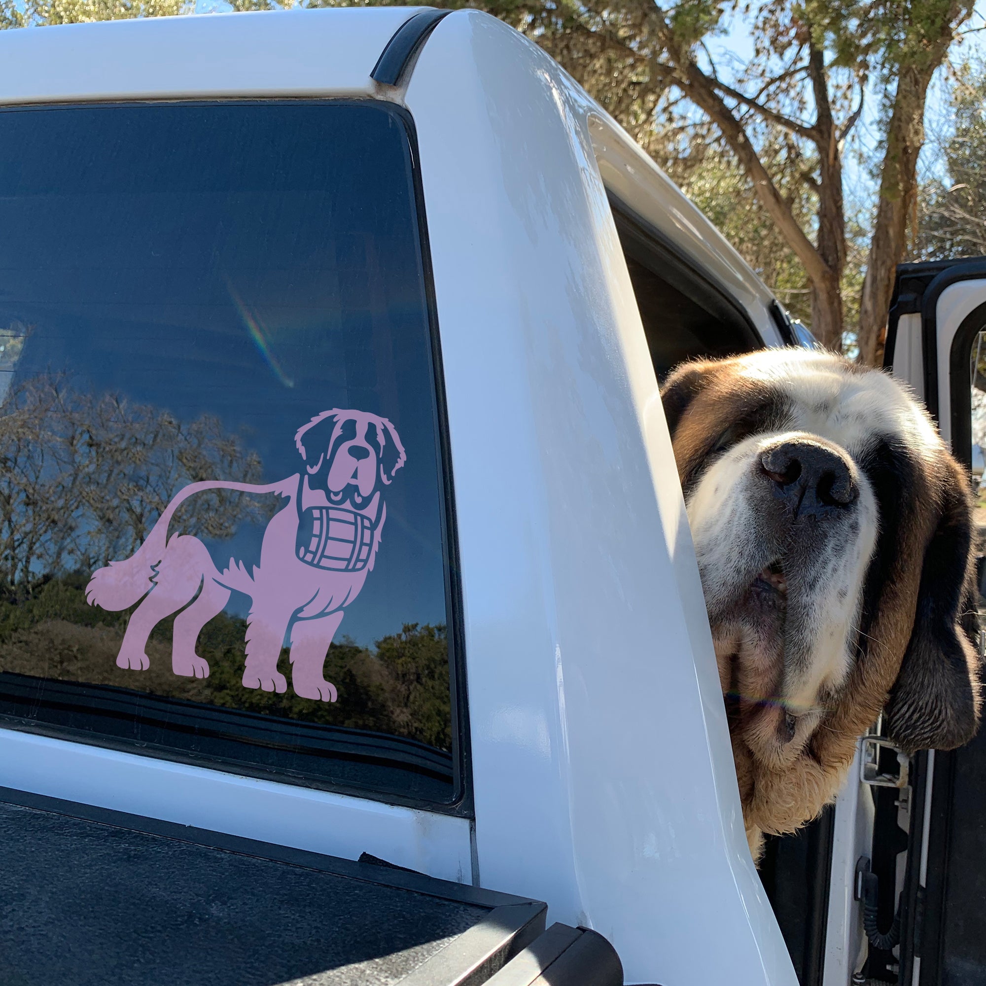 Saint Bernard with Barrel Car Window Decal - Lucy + Norman