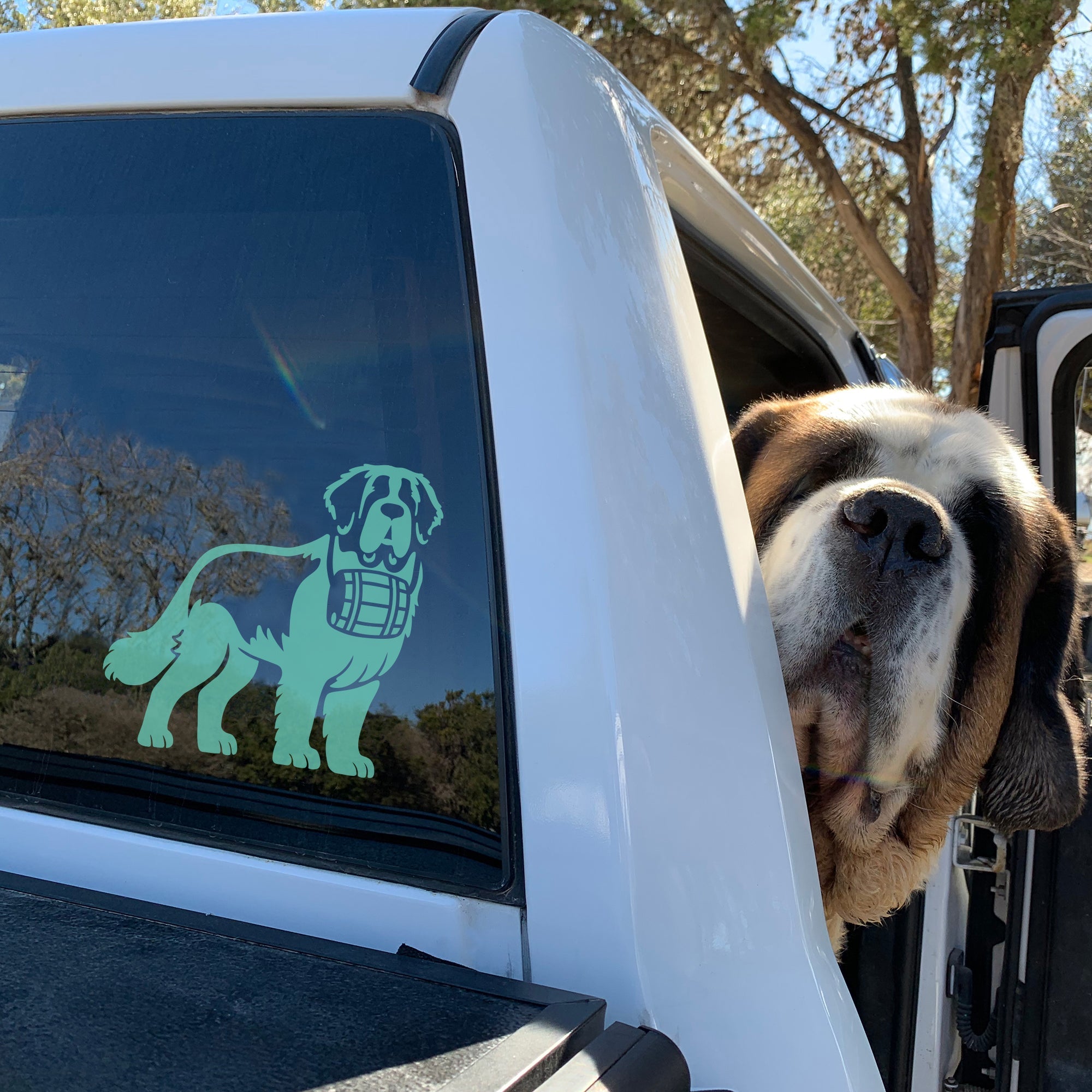 Saint Bernard with Barrel Car Window Decal - Lucy + Norman