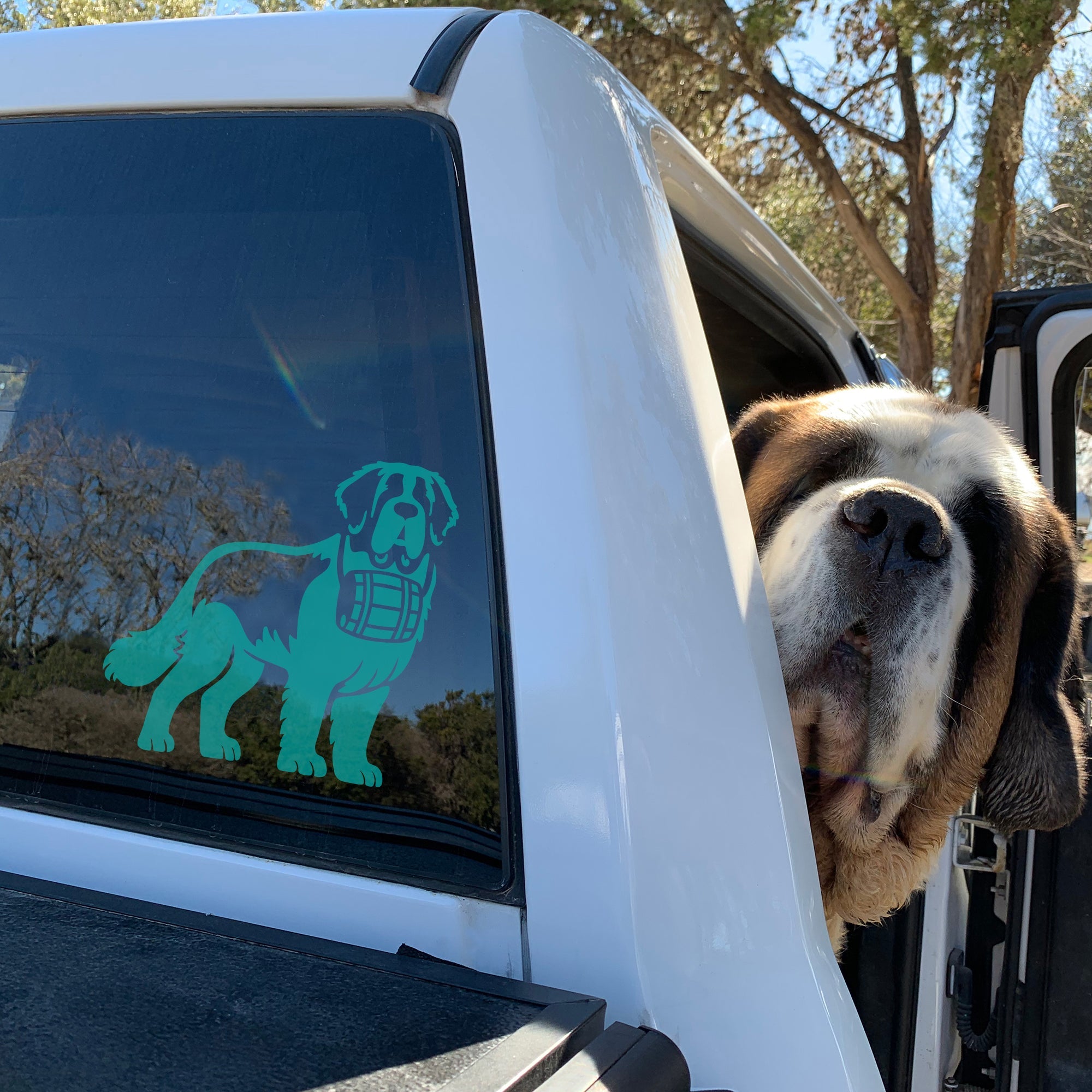 Saint Bernard with Barrel Car Window Decal - Lucy + Norman