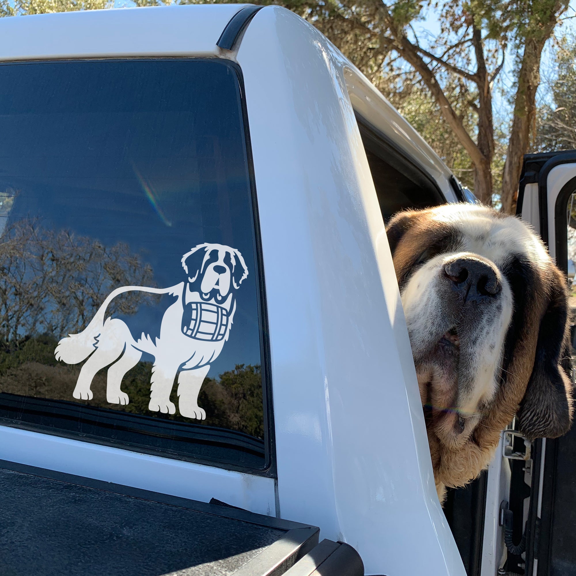 Saint Bernard with Barrel Car Window Decal - Lucy + Norman