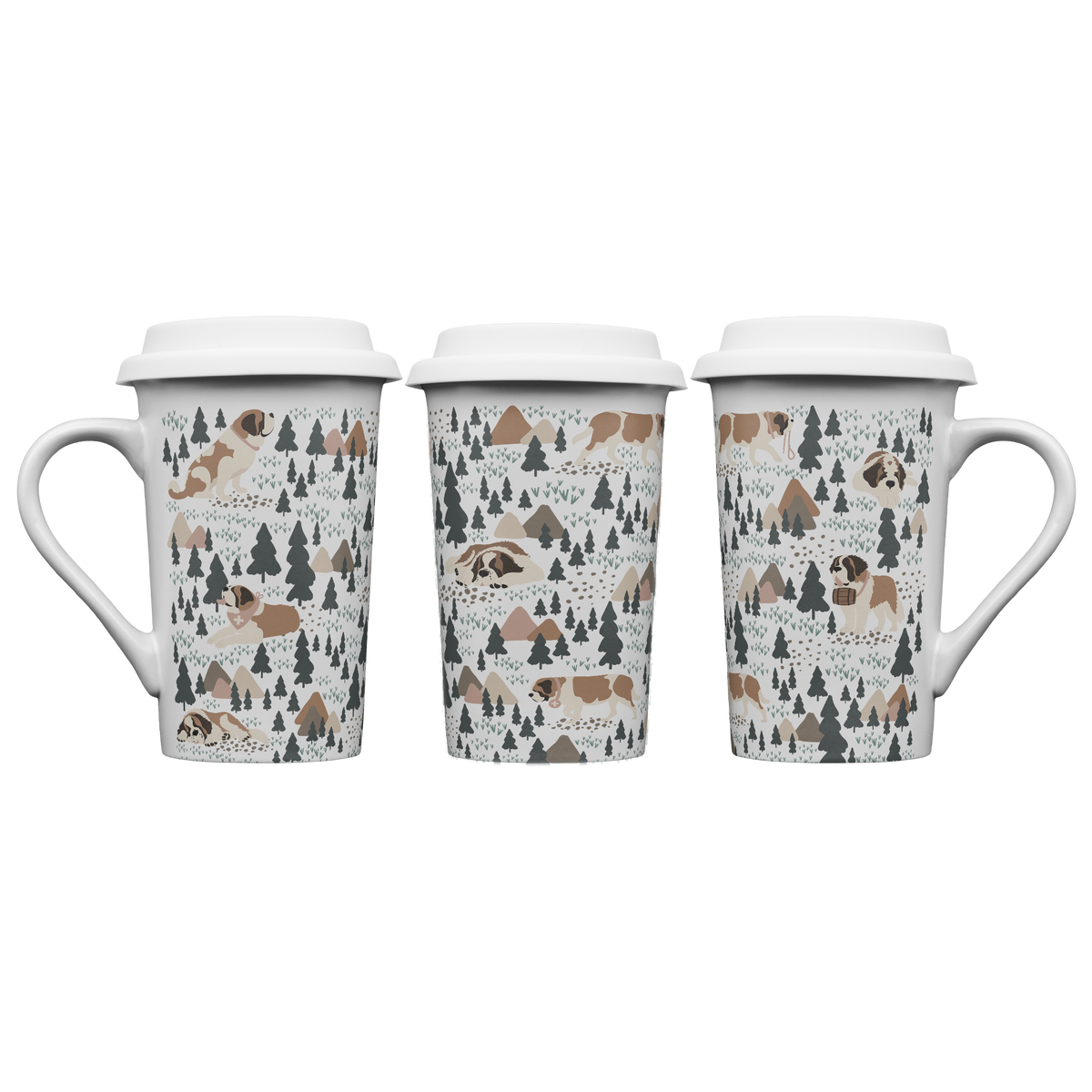 Woodland Saint Bernard 16oz grande mug with a white finish featuring Saint Bernards among pine trees and little mountains, with a removable silicone lid.