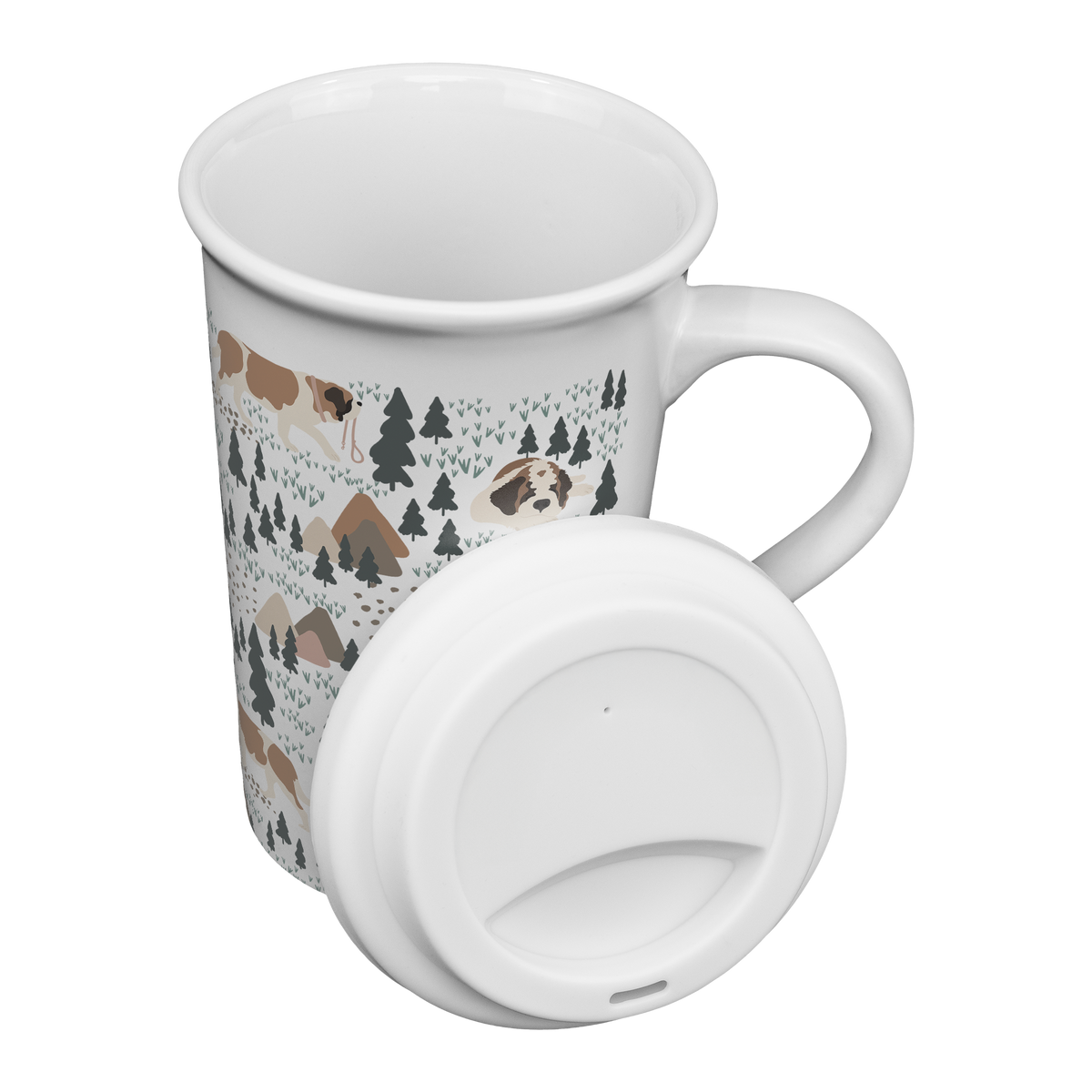 Woodland Saint Bernard 16oz grande mug with a white finish featuring Saint Bernards among pine trees and little mountains, with a removable silicone lid.