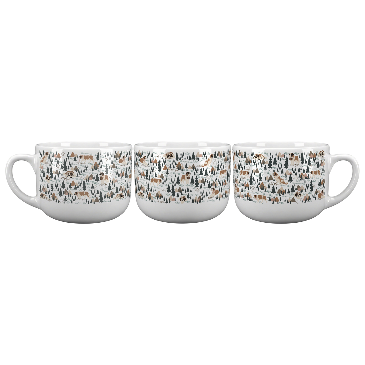 Large Saint Bernard Woodland 25oz latte mug with a white finish featuring Saint Bernards among pine trees and little mountains. Great for soup lovers.