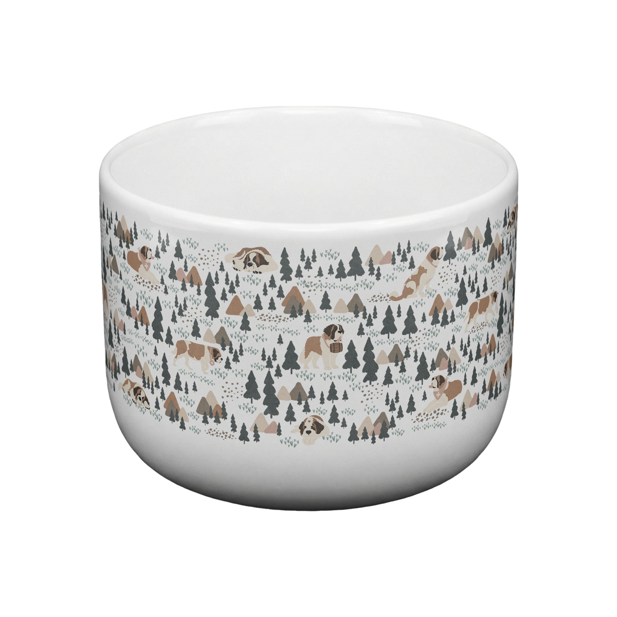 Large Saint Bernard Woodland 25oz latte mug with a white finish featuring Saint Bernards among pine trees and little mountains. Great for soup lovers.
