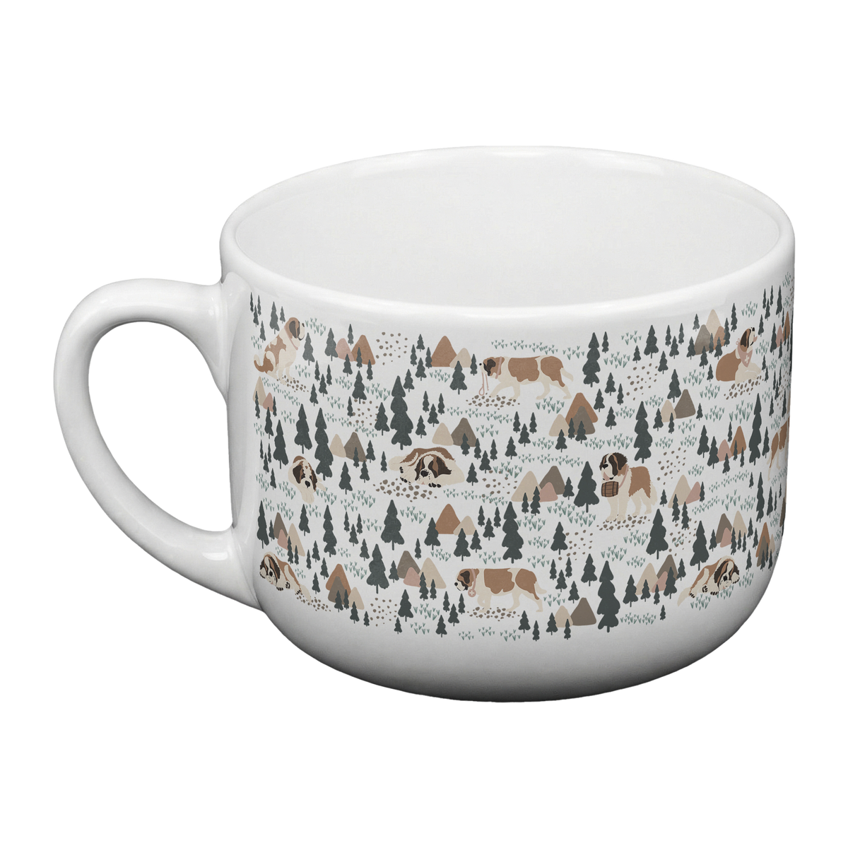 Large Saint Bernard Woodland 25oz latte mug with a white finish featuring Saint Bernards among pine trees and little mountains. Great for soup lovers.