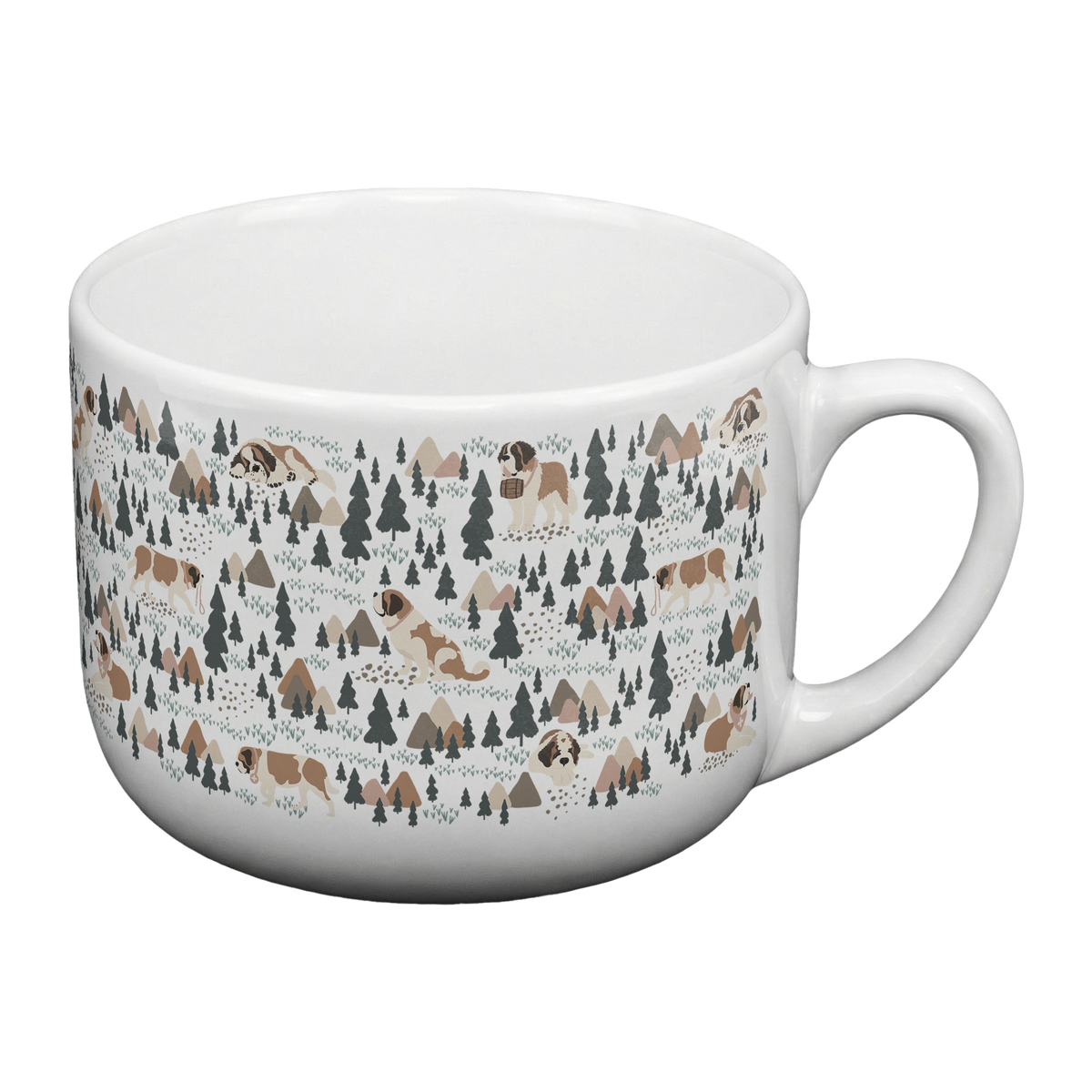 Large Saint Bernard Woodland 25oz latte mug with a white finish featuring Saint Bernards among pine trees and little mountains. Great for soup lovers.