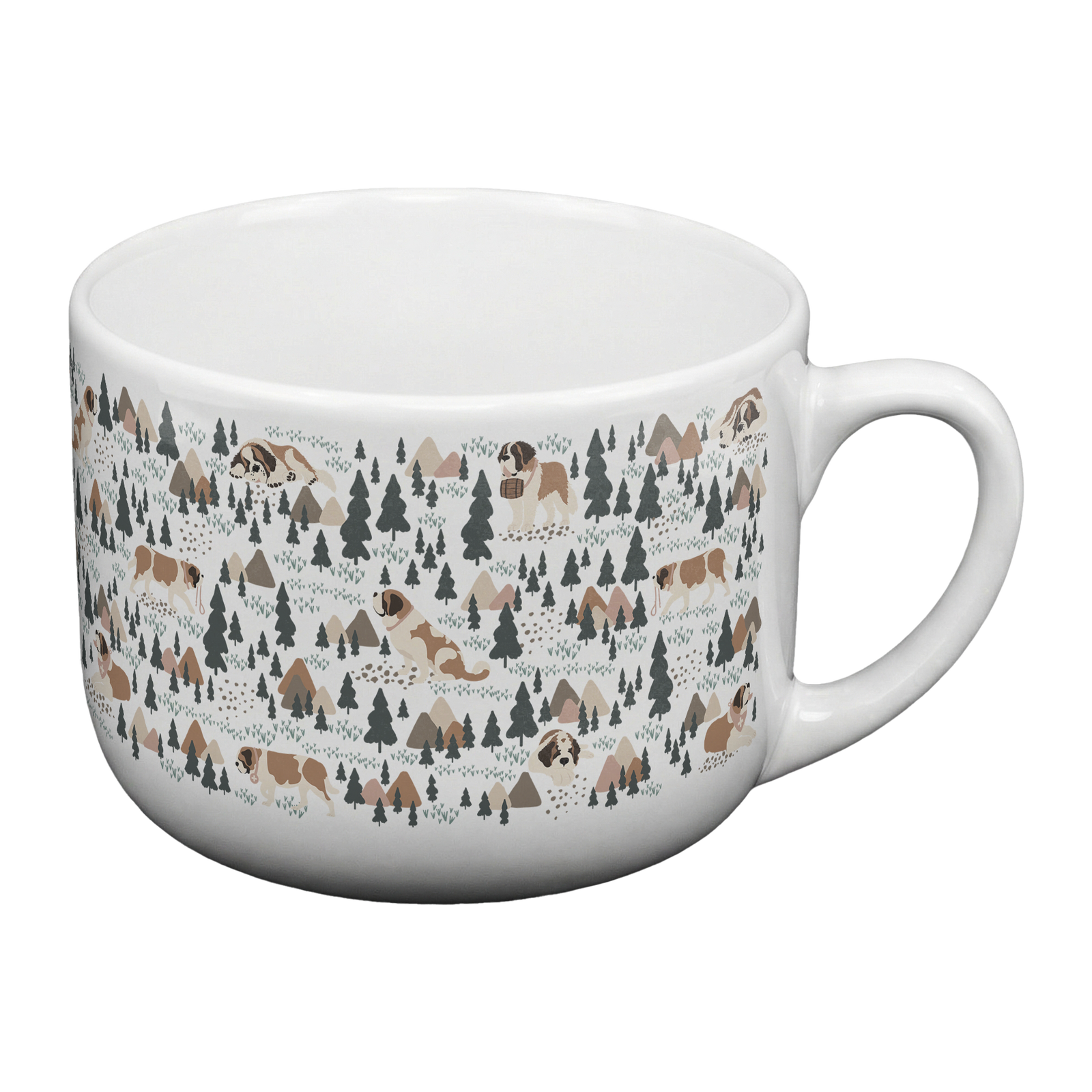 Large Saint Bernard Woodland 25oz latte mug with a white finish featuring Saint Bernards among pine trees and little mountains. Great for soup lovers.
