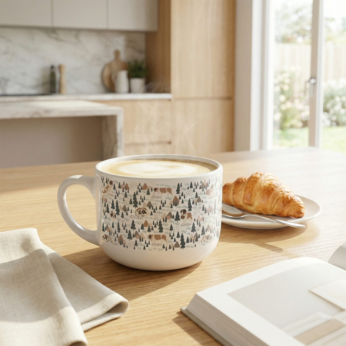 Large Saint Bernard Woodland 25oz latte mug with a white finish featuring Saint Bernards among pine trees and little mountains. Great for soup lovers.