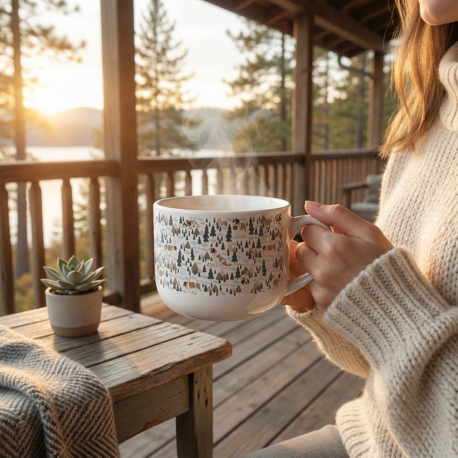 Large Saint Bernard Woodland 25oz latte mug with a white finish featuring Saint Bernards among pine trees and little mountains. Great for soup lovers.