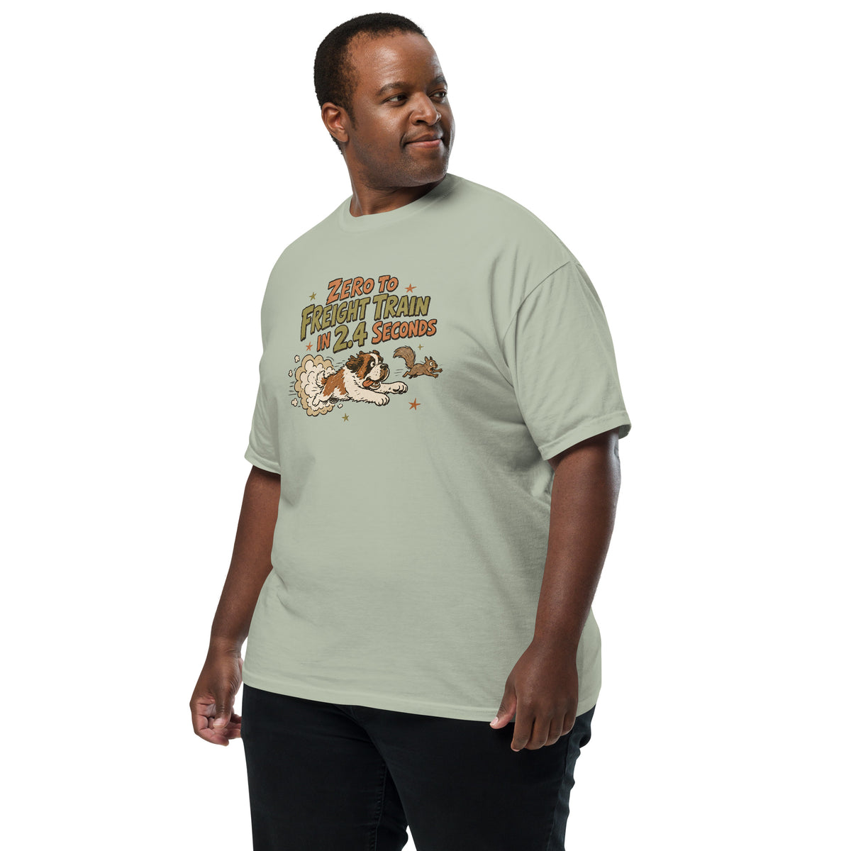 Bay green Comfort Colors t-shirt with a retro earth tone cartoon of a funny Saint Bernard chasing a squirrel and Zero to Freight Train in 2.4 Seconds lettering.