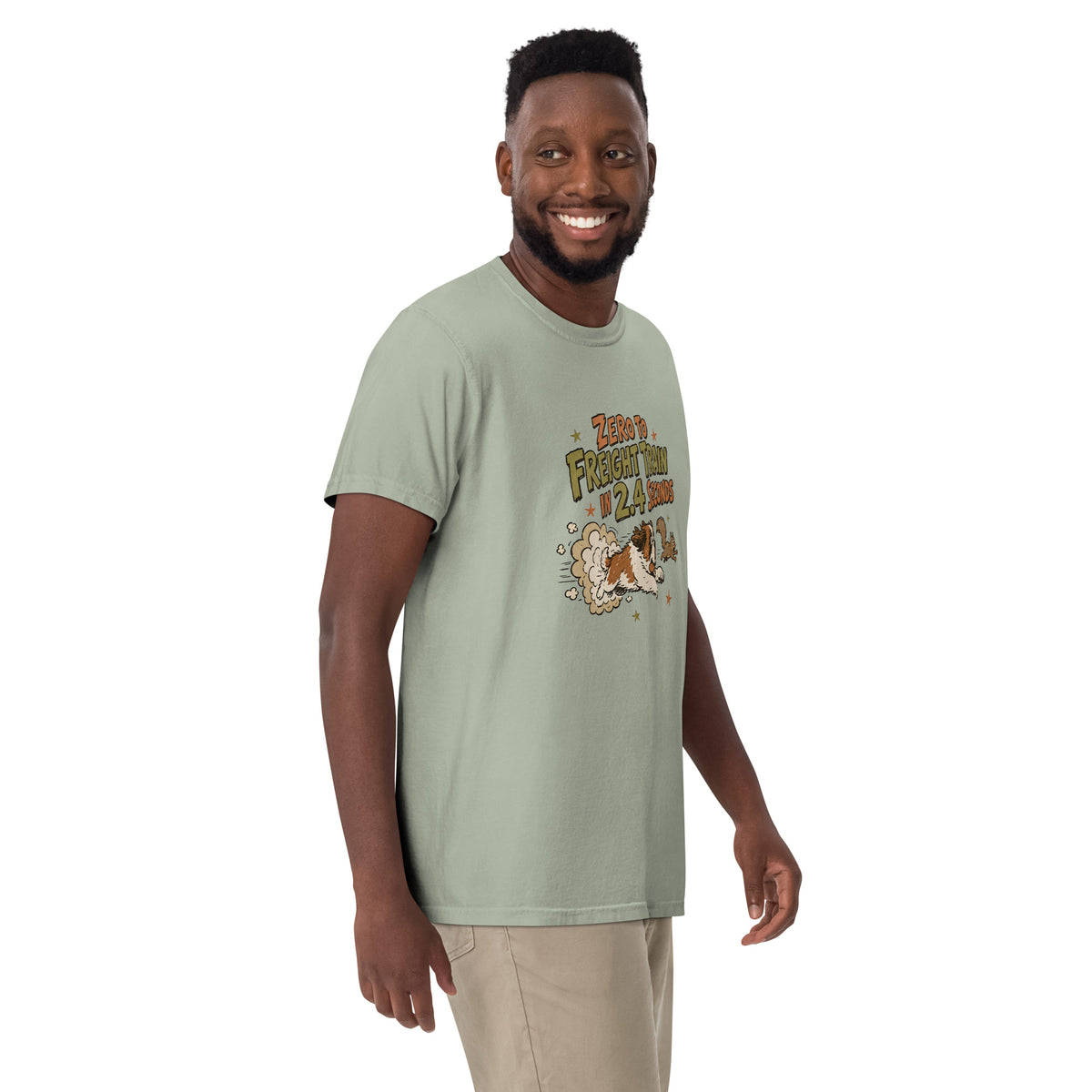 Bay green Comfort Colors t-shirt with a retro earth tone cartoon of a funny Saint Bernard chasing a squirrel and Zero to Freight Train in 2.4 Seconds lettering.