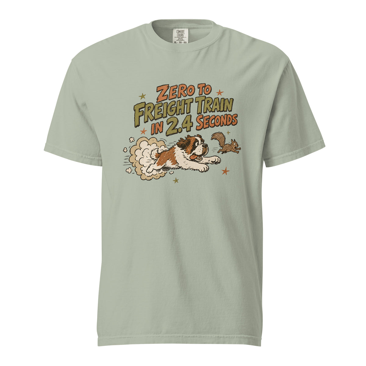Bay green Comfort Colors t-shirt with a retro earth tone cartoon of a funny Saint Bernard chasing a squirrel and Zero to Freight Train in 2.4 Seconds lettering.