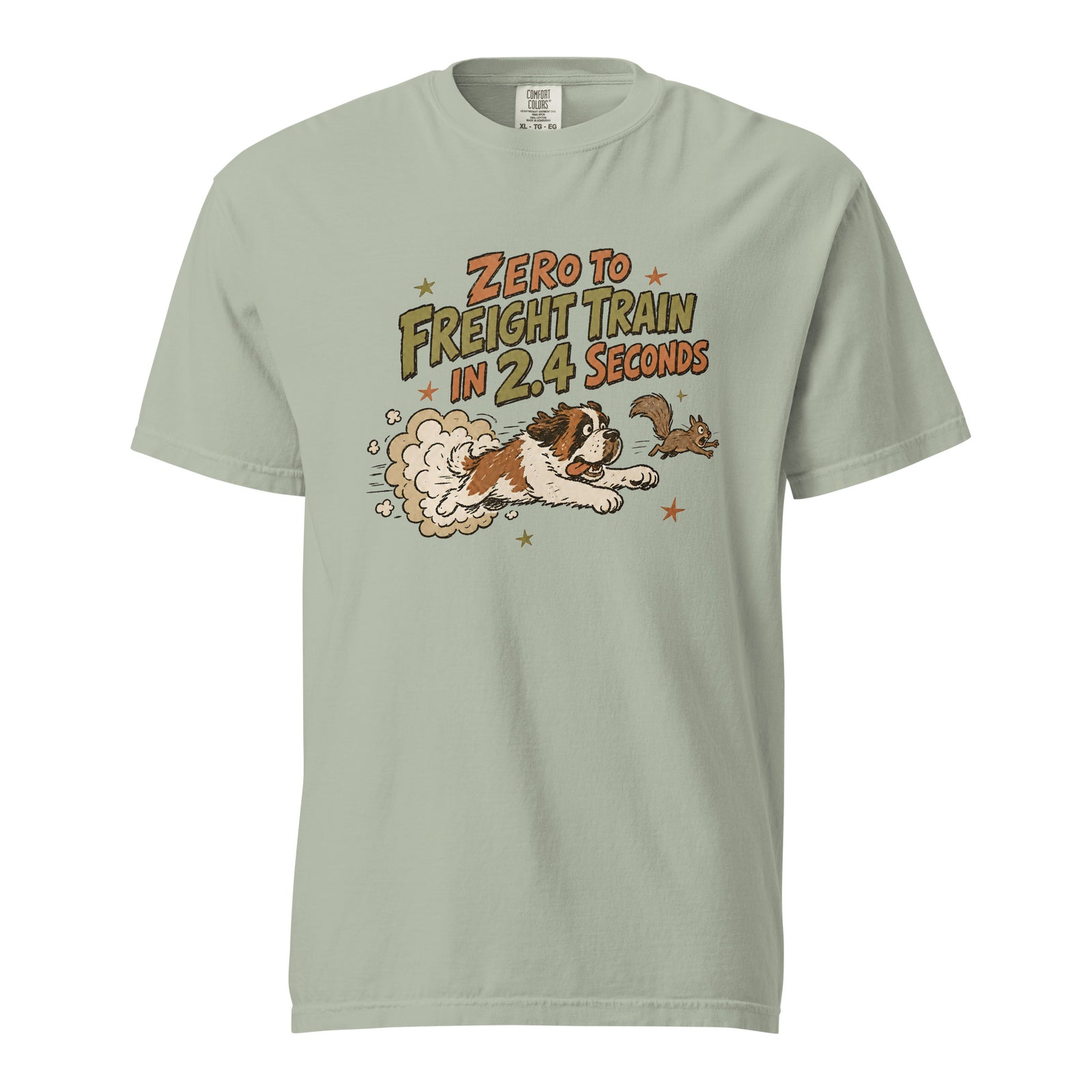 Bay green Comfort Colors t-shirt with a retro earth tone cartoon of a funny Saint Bernard chasing a squirrel and Zero to Freight Train in 2.4 Seconds lettering.