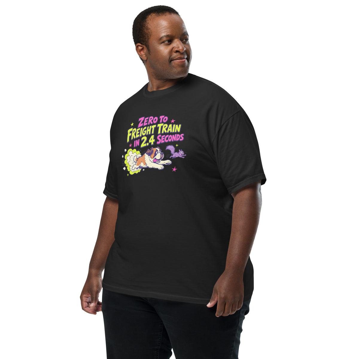 Black Comfort Colors t-shirt with a bright retro cartoon Saint Bernard chasing a squirrel and Zero to Freight Train in 2.4 Seconds lettering.