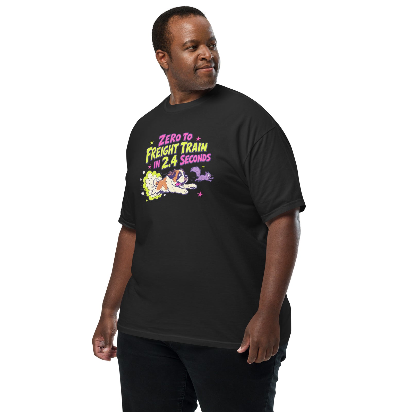 Black Comfort Colors t-shirt with a bright retro cartoon Saint Bernard chasing a squirrel and Zero to Freight Train in 2.4 Seconds lettering.