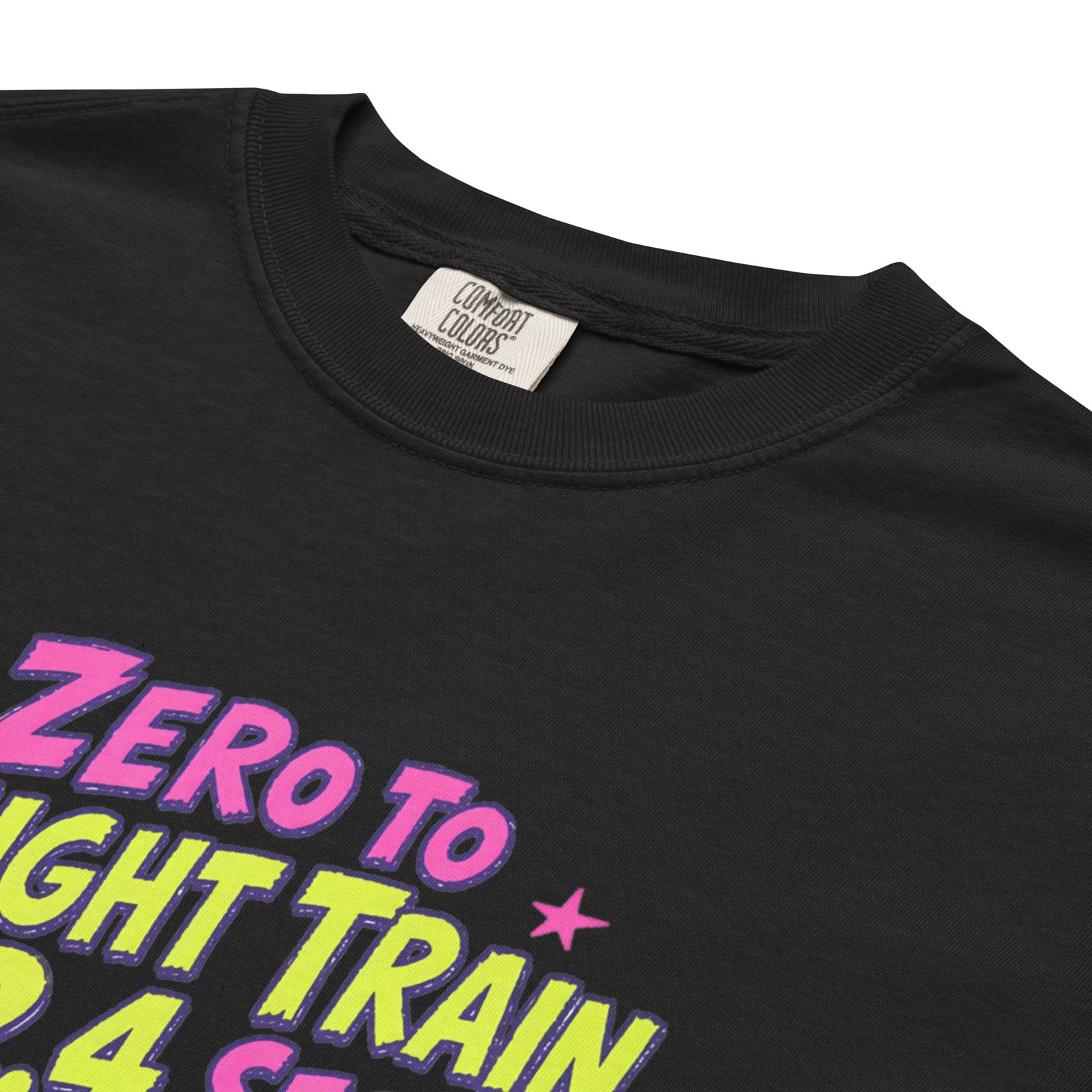 Black Comfort Colors t-shirt with a bright retro cartoon Saint Bernard chasing a squirrel and Zero to Freight Train in 2.4 Seconds lettering.
