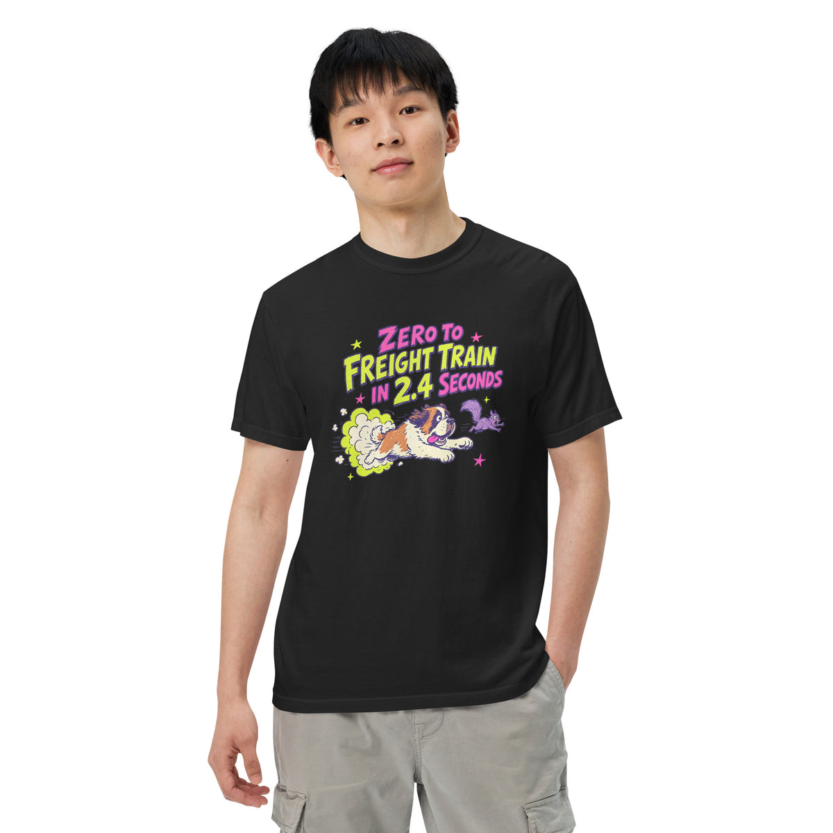 Black Comfort Colors t-shirt with a bright retro cartoon Saint Bernard chasing a squirrel and Zero to Freight Train in 2.4 Seconds lettering.