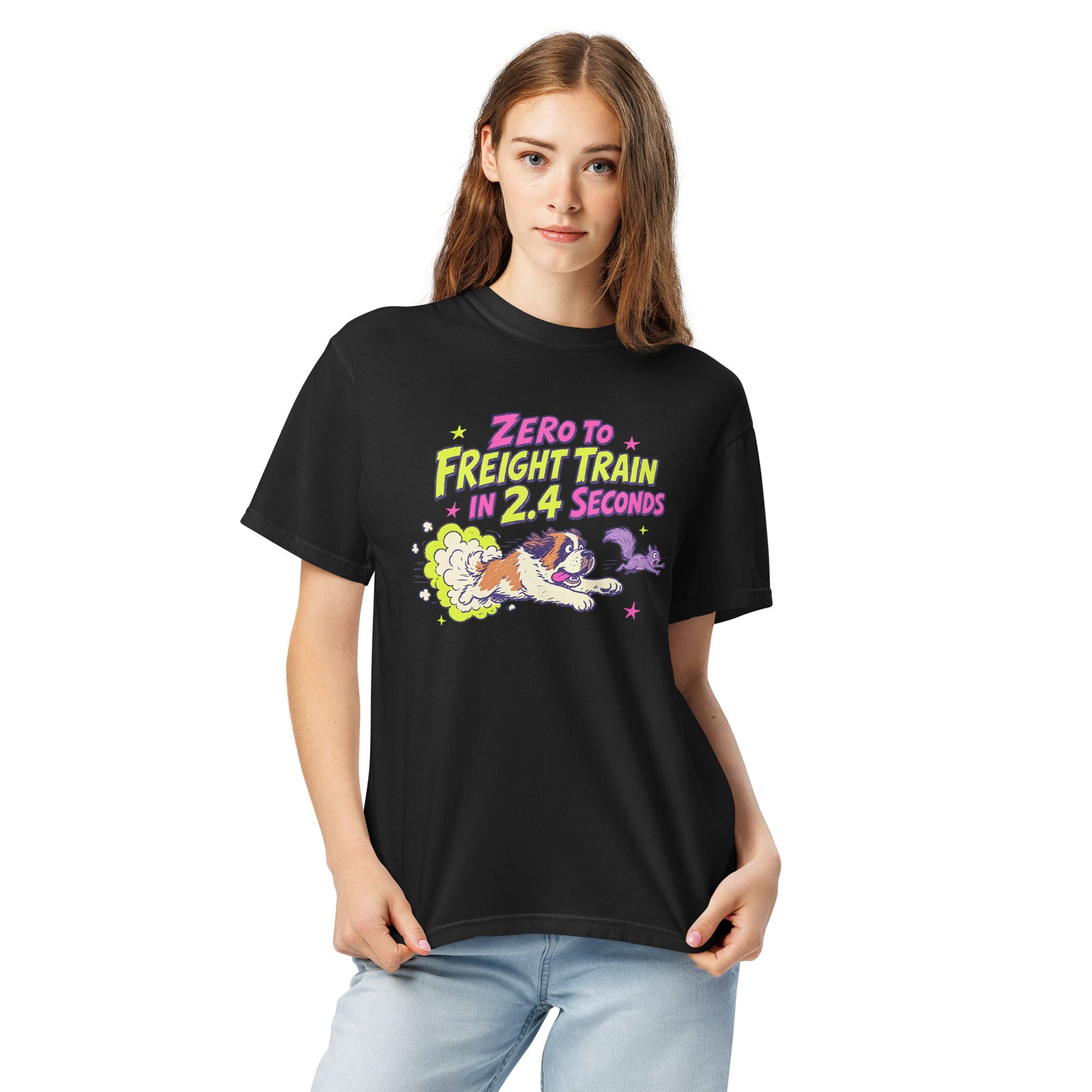 Black Comfort Colors t-shirt with a bright retro cartoon Saint Bernard chasing a squirrel and Zero to Freight Train in 2.4 Seconds lettering.