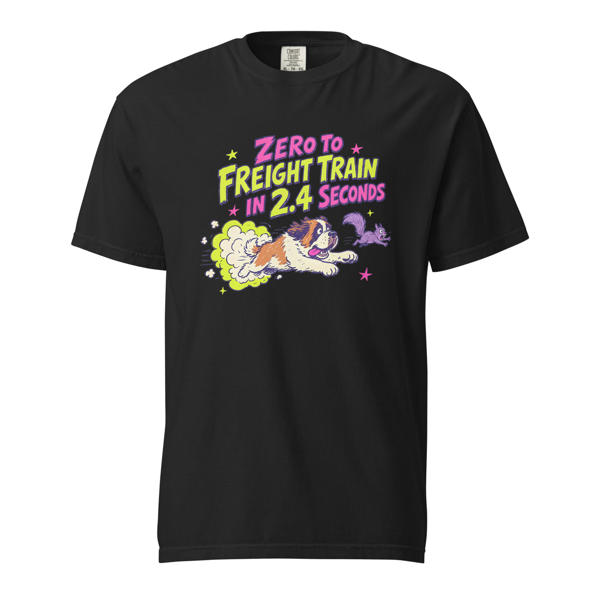 Black Comfort Colors t-shirt with a bright retro cartoon Saint Bernard chasing a squirrel and Zero to Freight Train in 2.4 Seconds lettering.