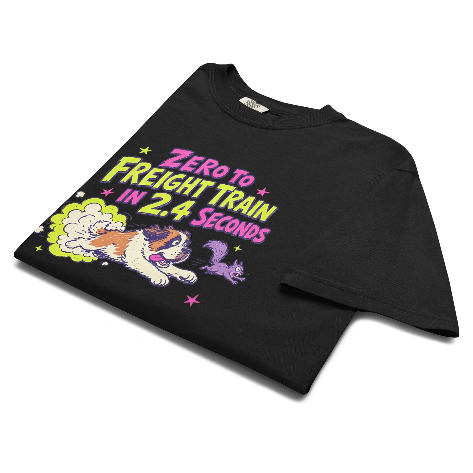 Black Comfort Colors t-shirt with a bright retro cartoon Saint Bernard chasing a squirrel and Zero to Freight Train in 2.4 Seconds lettering.