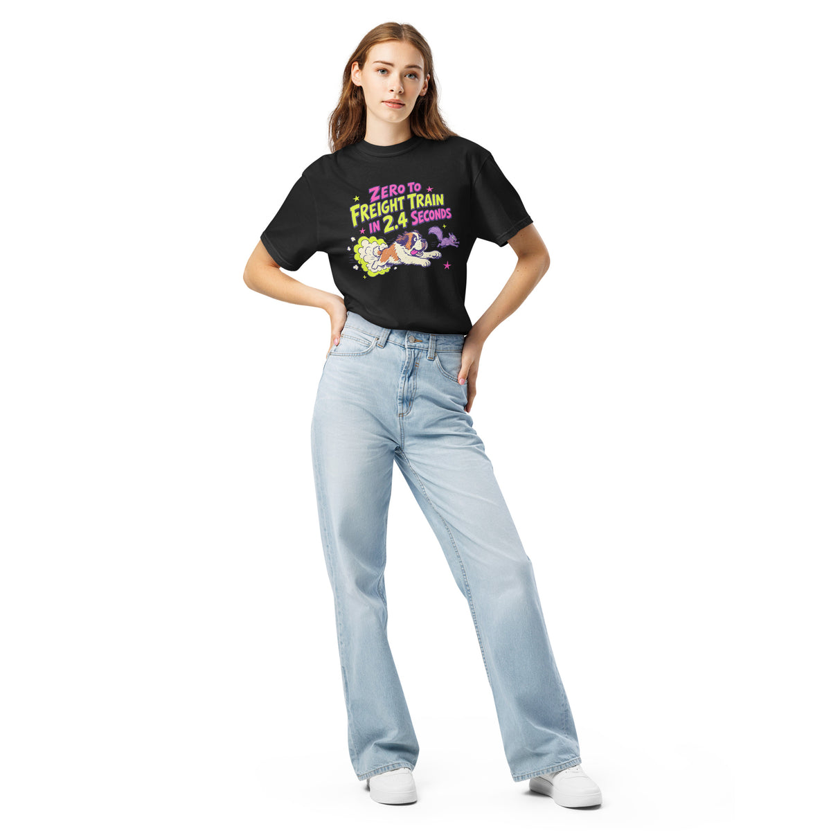 Black Comfort Colors t-shirt with a bright retro cartoon Saint Bernard chasing a squirrel and Zero to Freight Train in 2.4 Seconds lettering.