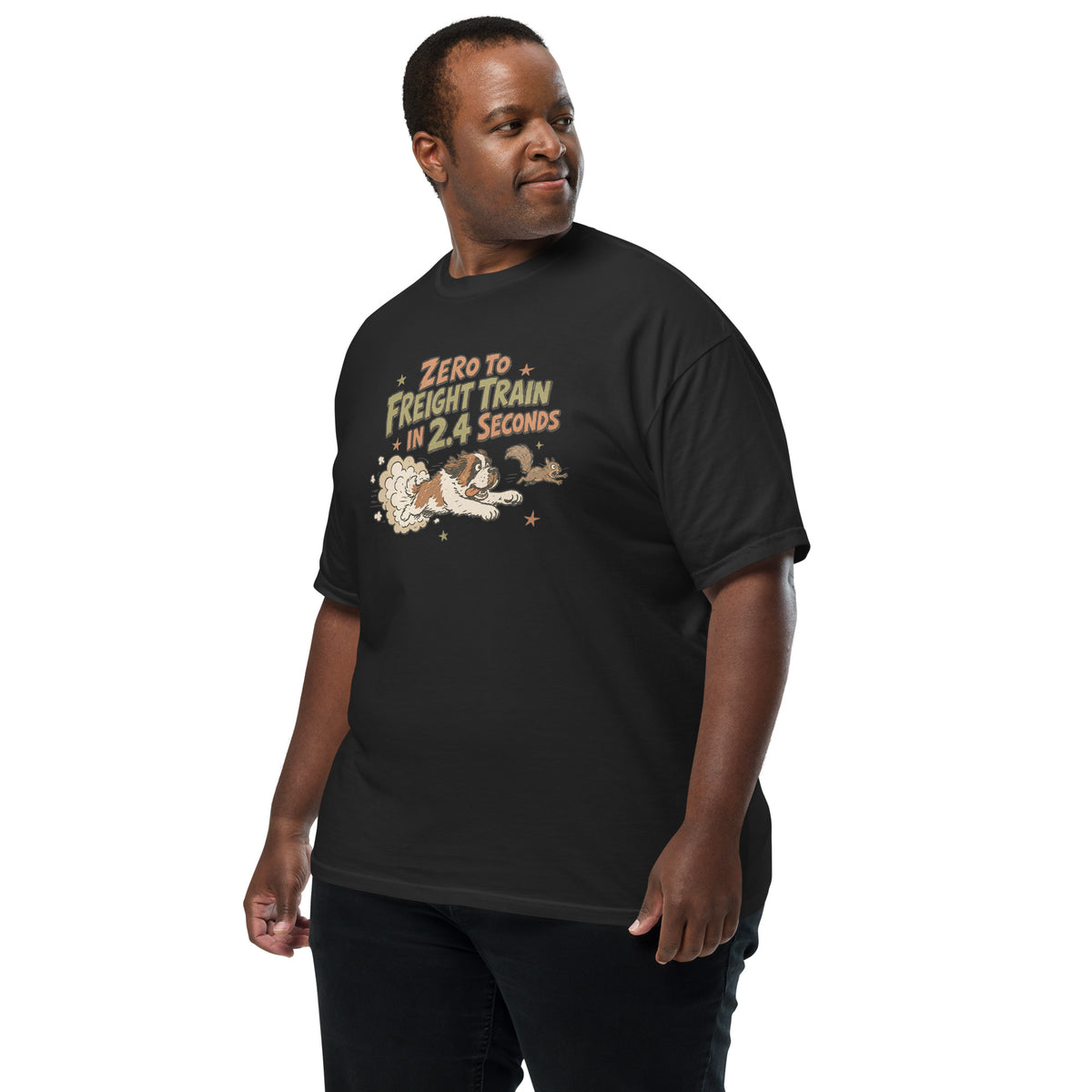 Black Comfort Colors t-shirt with a retro earth tone cartoon of a funny Saint Bernard chasing a squirrel and Zero to Freight Train in 2.4 Seconds lettering.
