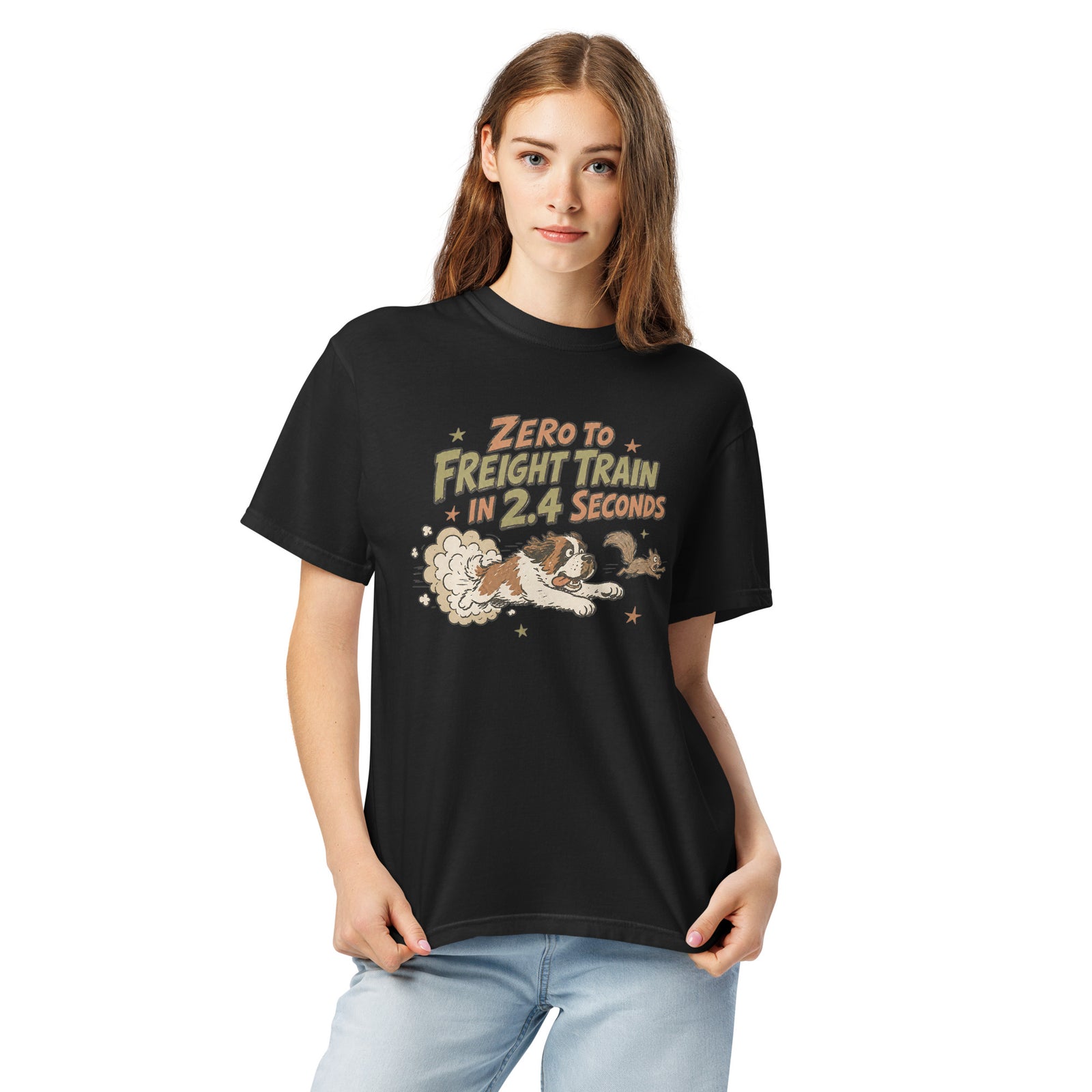 Black Comfort Colors t-shirt with a retro earth tone cartoon of a funny Saint Bernard chasing a squirrel and Zero to Freight Train in 2.4 Seconds lettering.