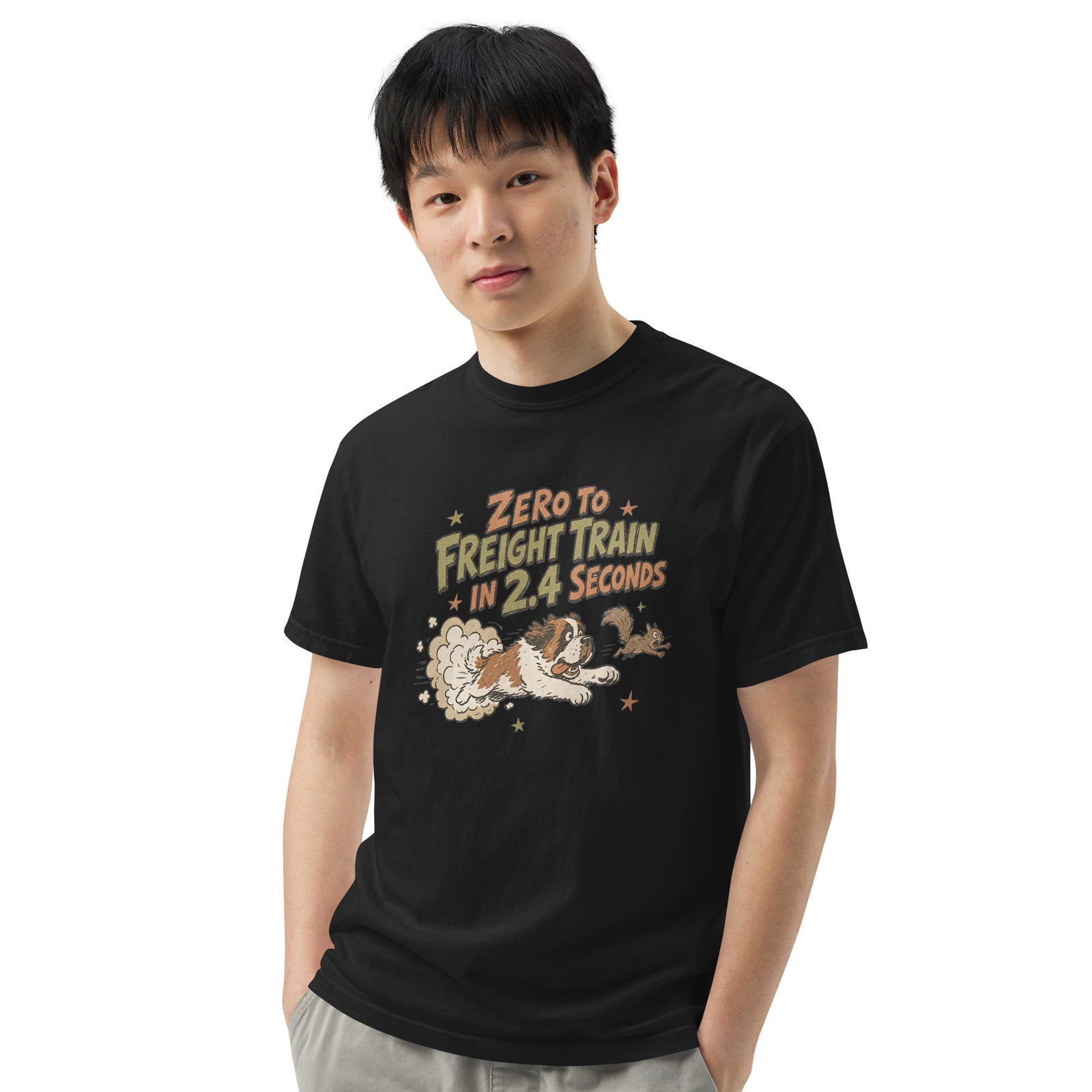 Black Comfort Colors t-shirt with a retro earth tone cartoon of a funny Saint Bernard chasing a squirrel and Zero to Freight Train in 2.4 Seconds lettering.