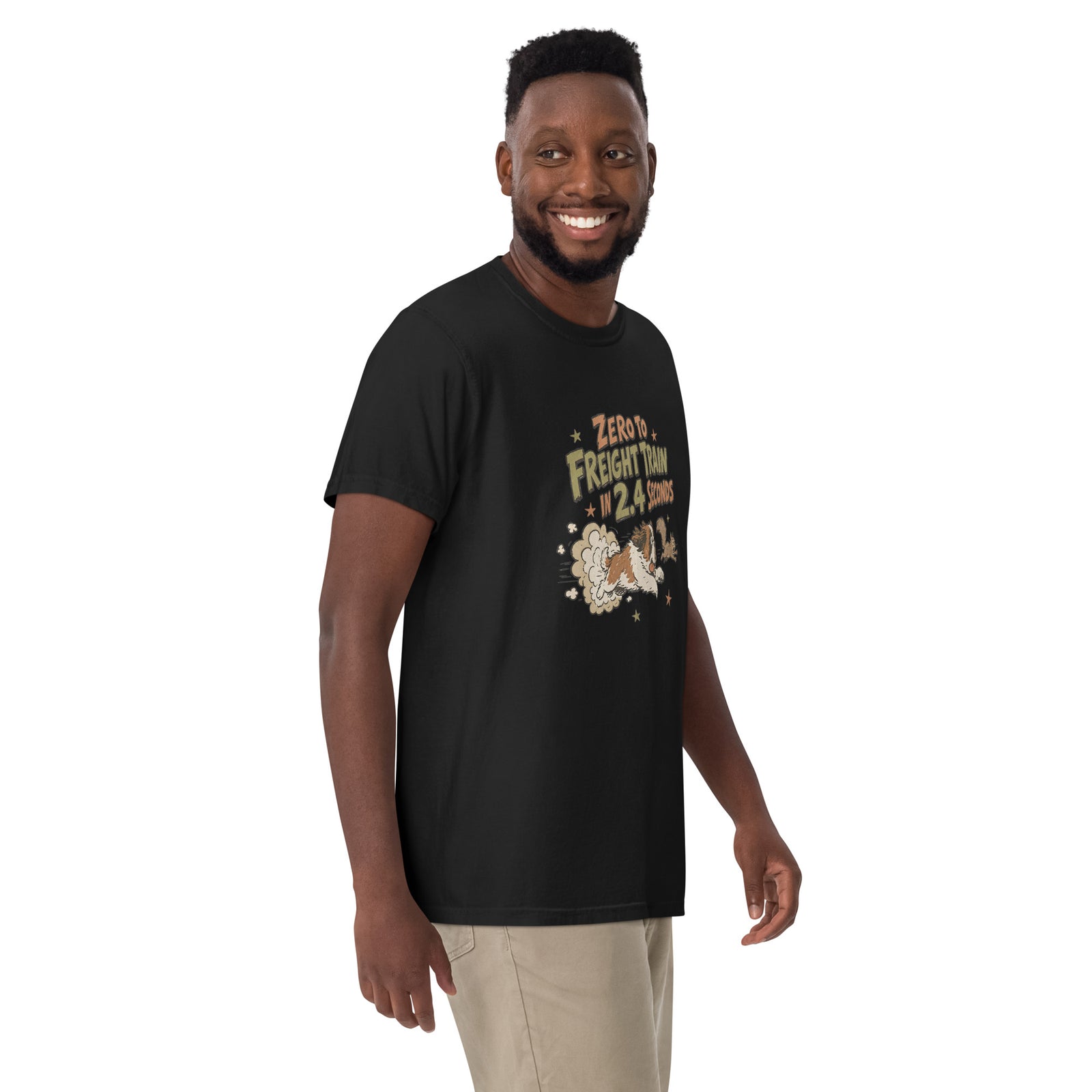 Black Comfort Colors t-shirt with a retro earth tone cartoon of a funny Saint Bernard chasing a squirrel and Zero to Freight Train in 2.4 Seconds lettering.
