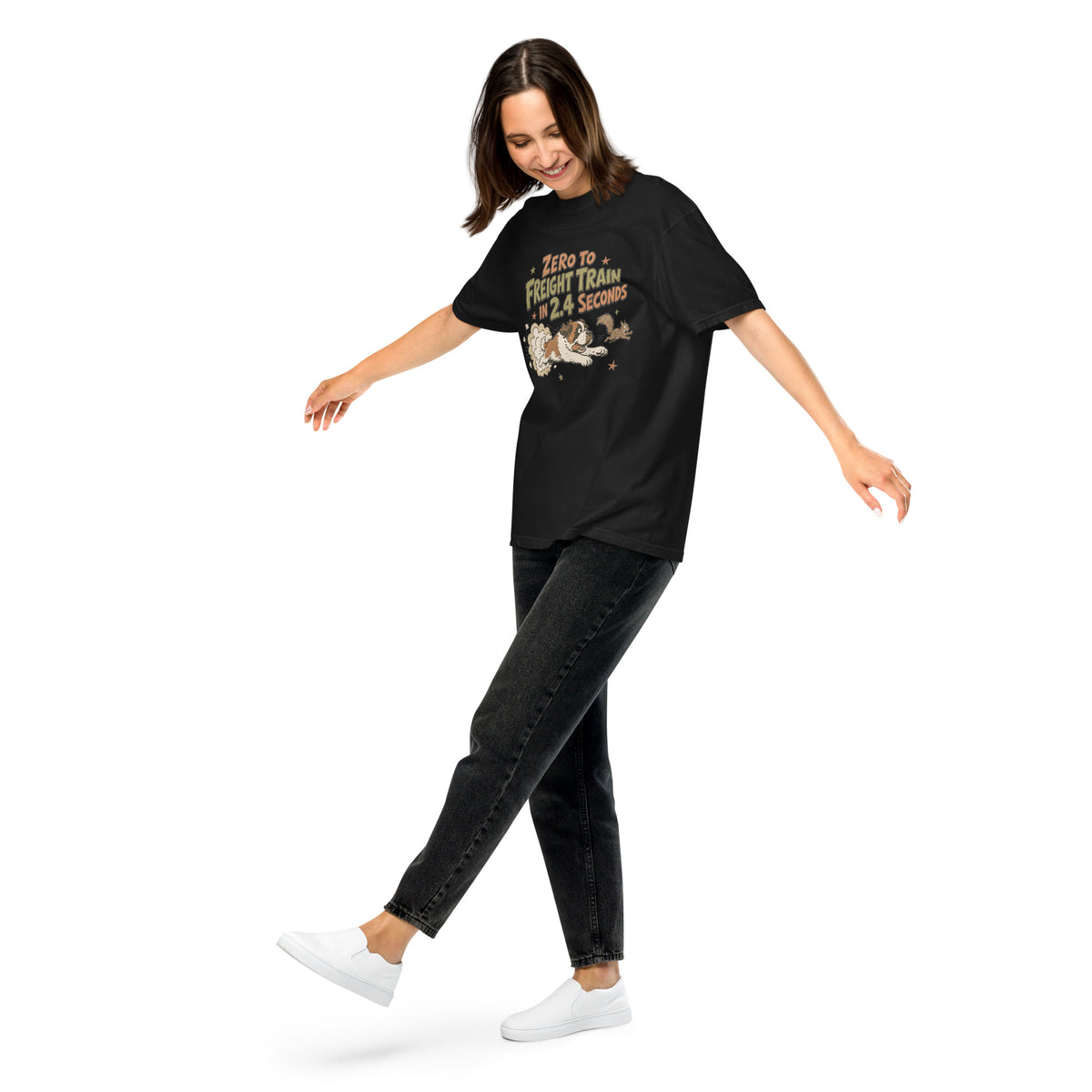 Black Comfort Colors t-shirt with a retro earth tone cartoon of a funny Saint Bernard chasing a squirrel and Zero to Freight Train in 2.4 Seconds lettering.