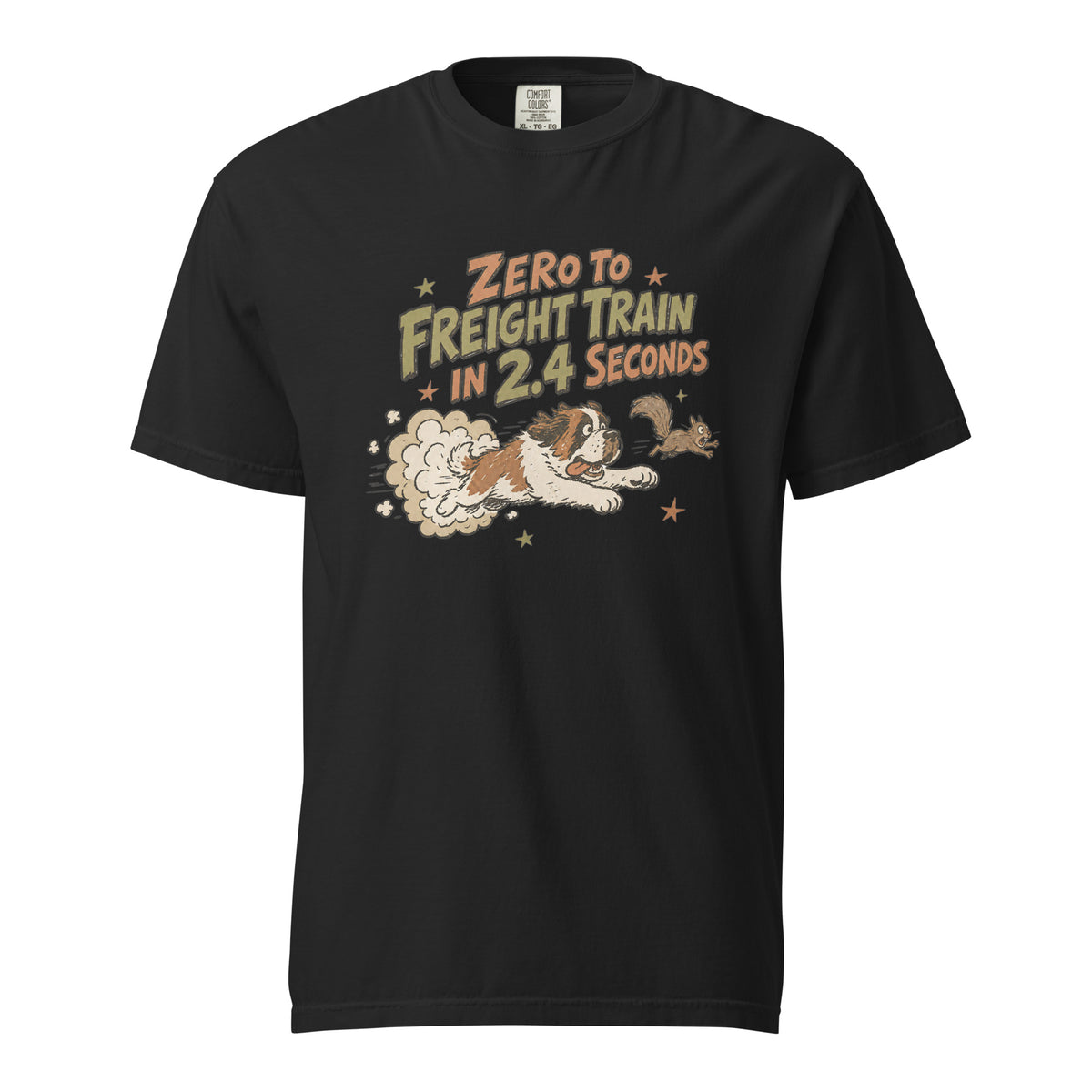 Black Comfort Colors t-shirt with a retro earth tone cartoon of a funny Saint Bernard chasing a squirrel and Zero to Freight Train in 2.4 Seconds lettering.
