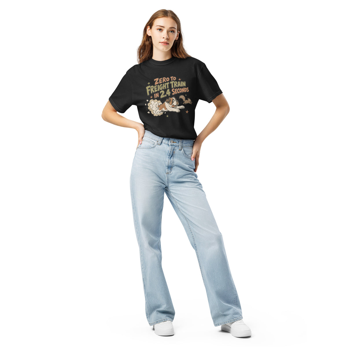 Black Comfort Colors t-shirt with a retro earth tone cartoon of a funny Saint Bernard chasing a squirrel and Zero to Freight Train in 2.4 Seconds lettering.