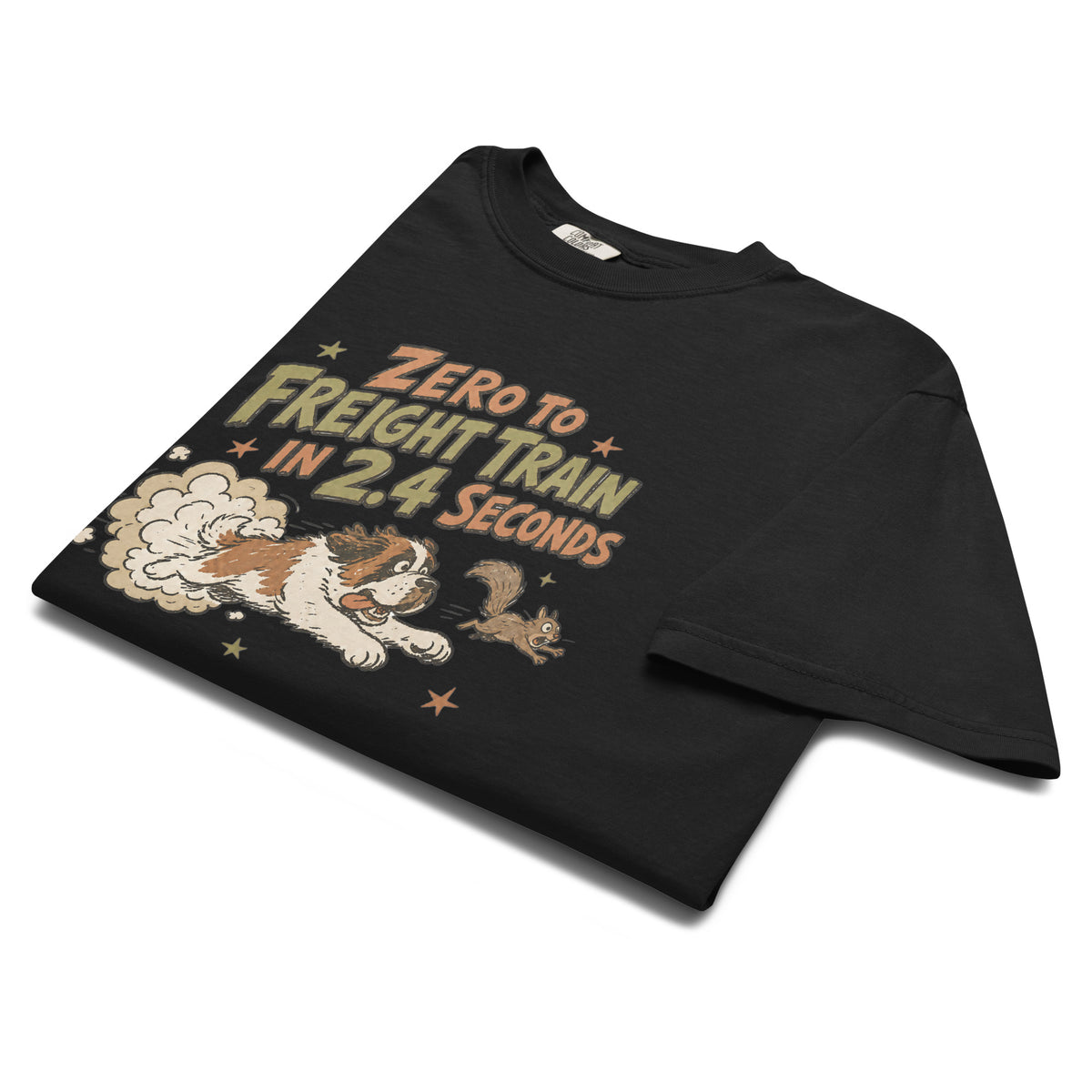 Black Comfort Colors t-shirt with a retro earth tone cartoon of a funny Saint Bernard chasing a squirrel and Zero to Freight Train in 2.4 Seconds lettering.
