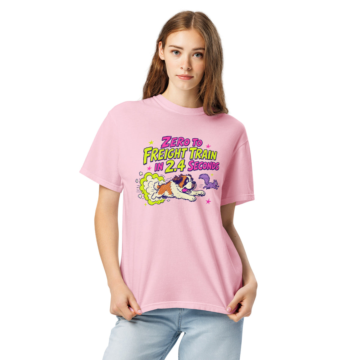 Blossom pink Comfort Colors t-shirt with a bright retro cartoon Saint Bernard chasing a squirrel and Zero to Freight Train in 2.4 Seconds lettering.