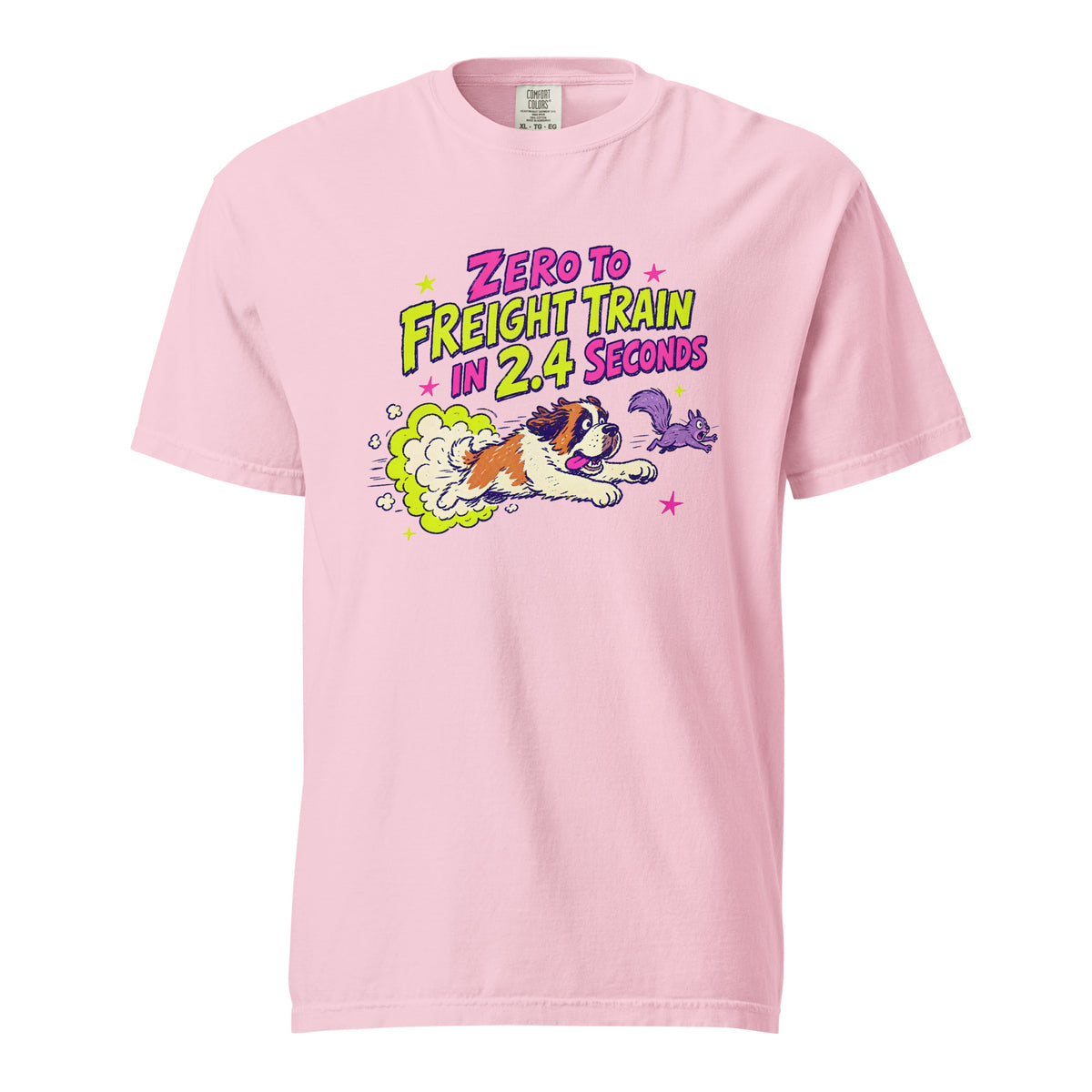 Blossom pink Comfort Colors t-shirt with a bright retro cartoon Saint Bernard chasing a squirrel and Zero to Freight Train in 2.4 Seconds lettering.